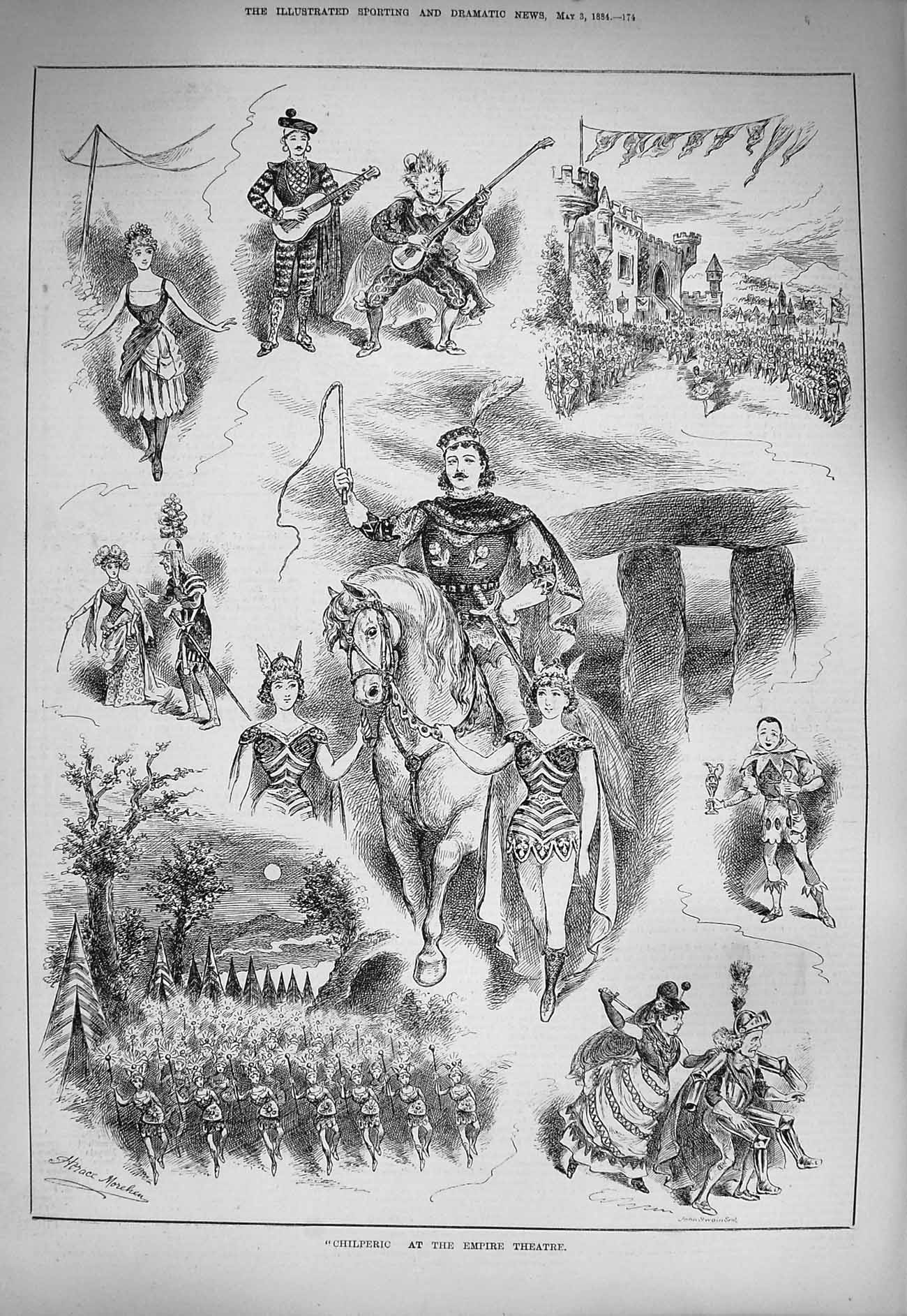 Original Old Antique Print 1884 Chilperic Empire Theatre Actors Costumes Horse