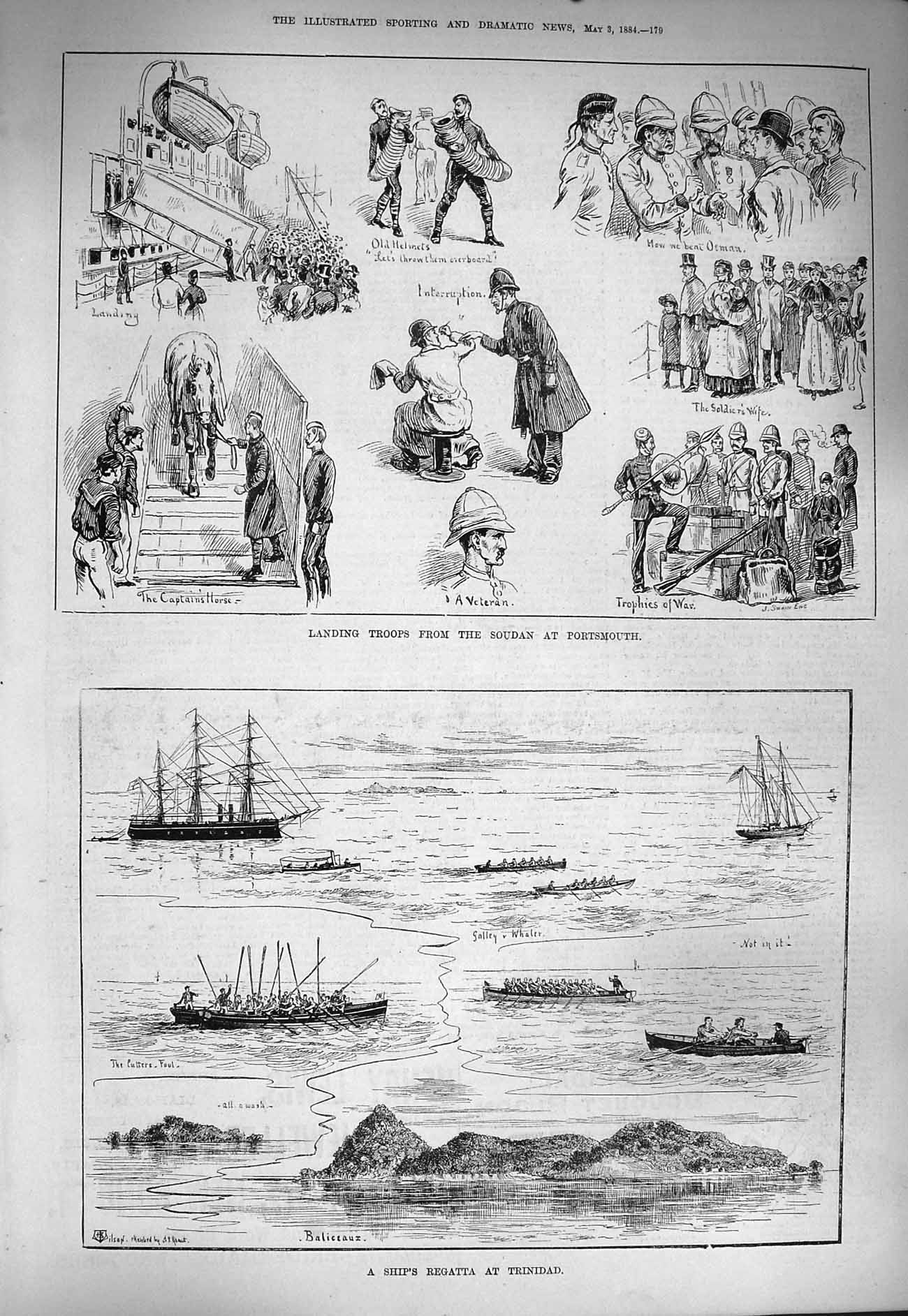 Original Old Antique Print 1884 Siers Soudan Portsmouth Ships Trinidad Boats
