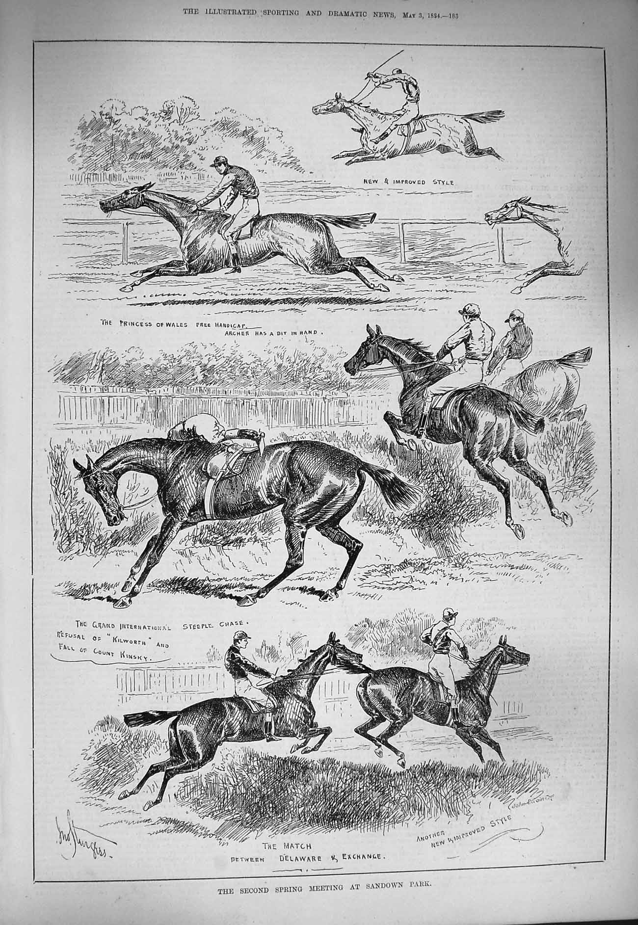 Original Old Antique Print 1884 Spring Horse Race Sandown Park Princess Wales