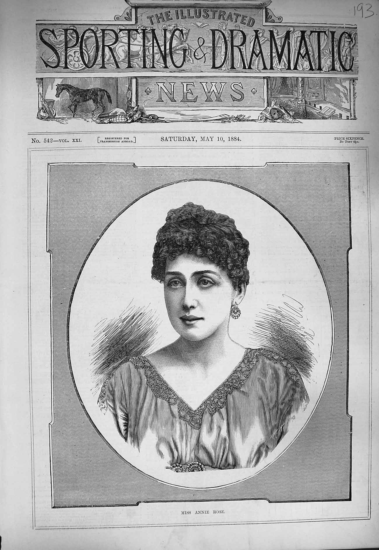 Original Old Antique Print 1884 Portrait Miss Annie Rose Beautiful Lady 19th