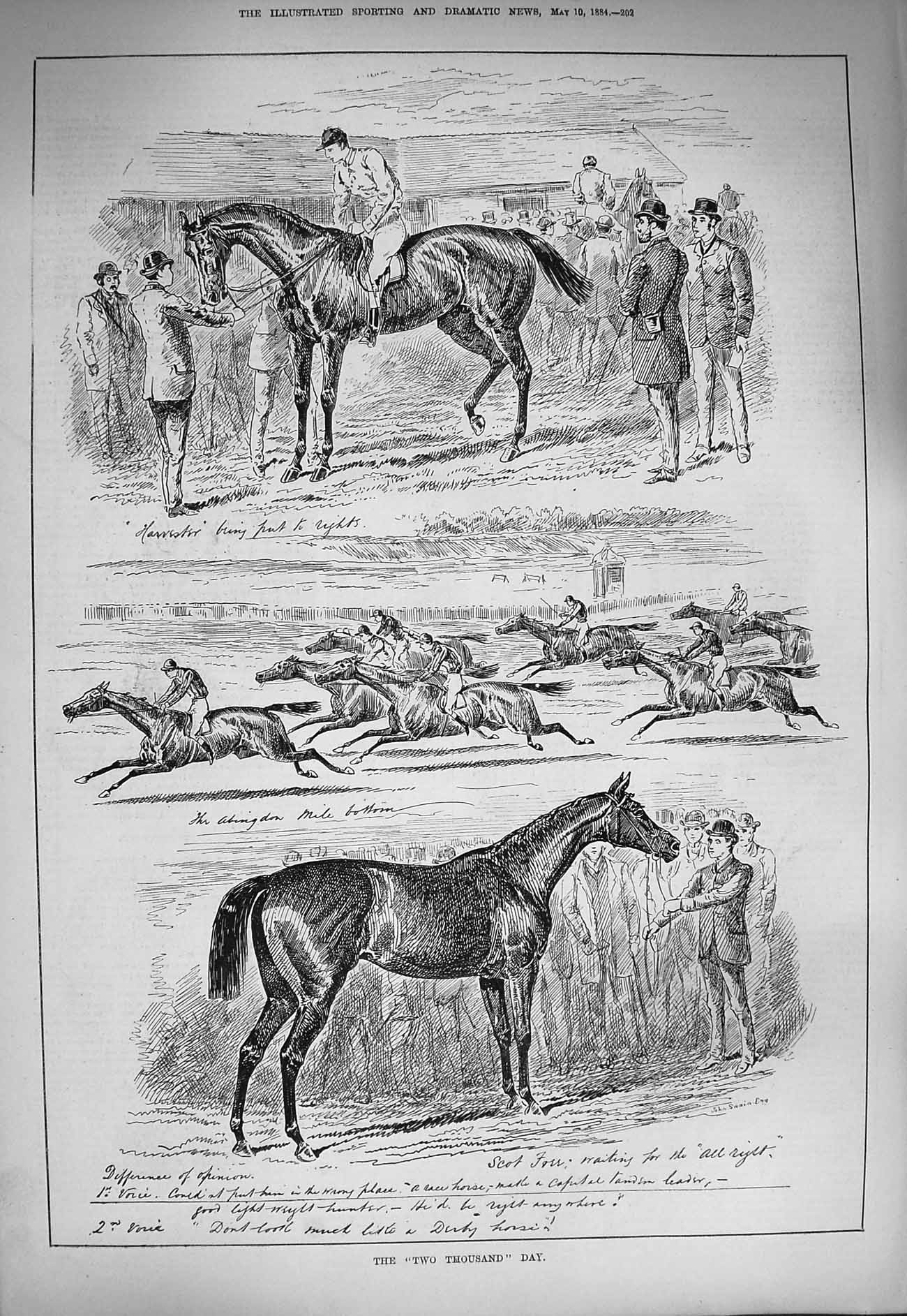 Original Old Antique Print 1884 Two Thousand Day Horse Racing Sport Jockeys