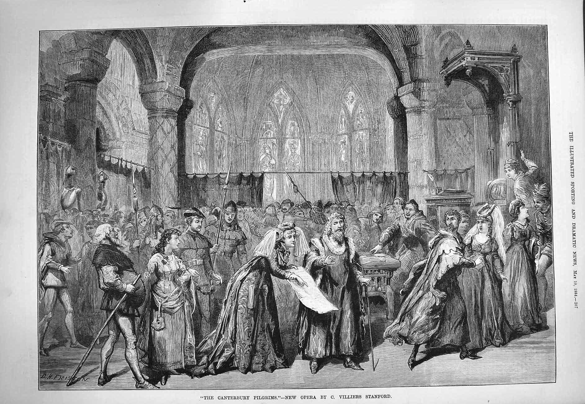 Original Old Antique Print 1884 Canterbury Pilgrims New Opera Villiers Stanford