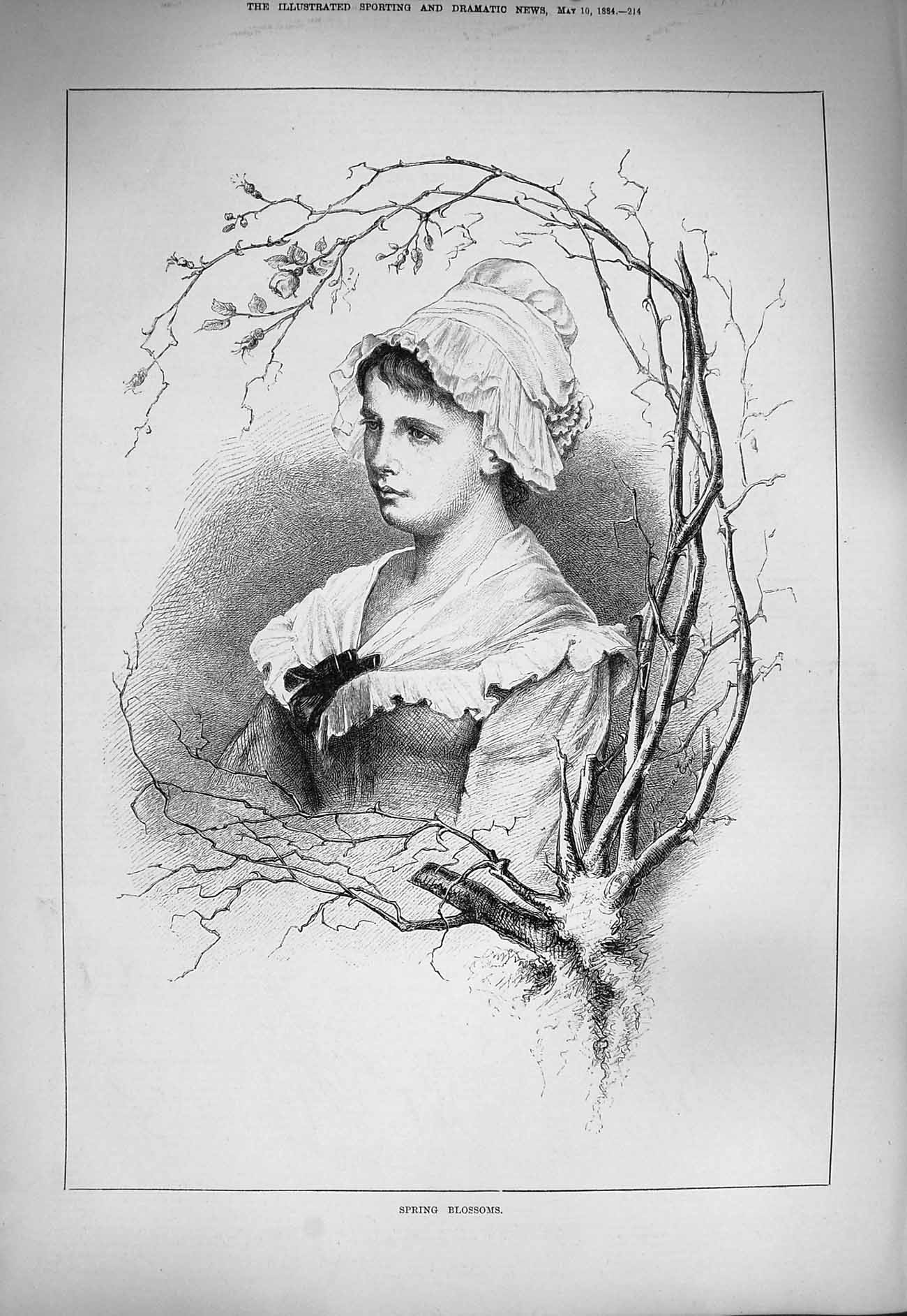 Original Old Antique Print 1884 Portrait Beautiful Woman Spring Blossoms 19th