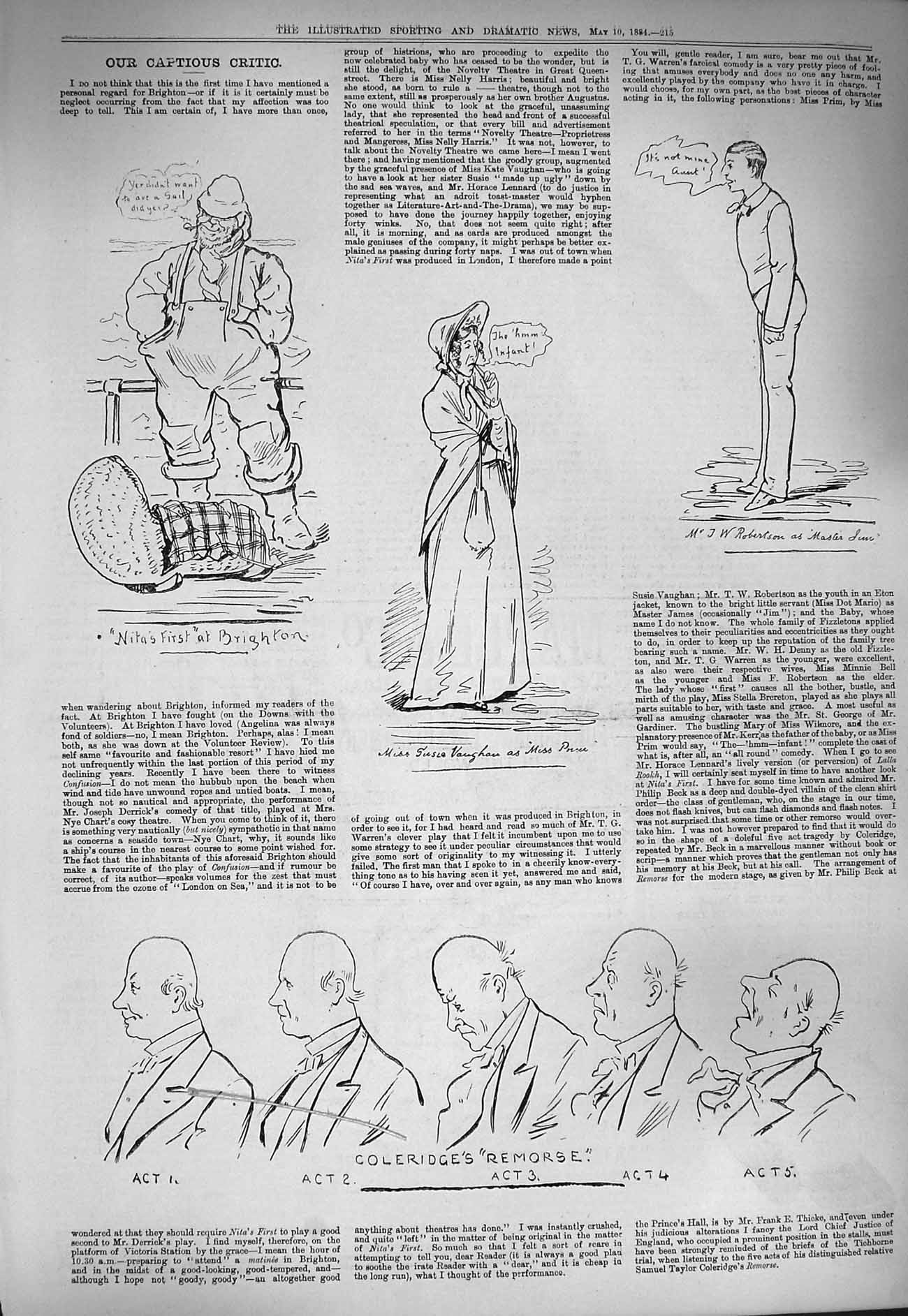 Original Old Antique Print 1884 Captious Critic Coleridge Vaughan Theatre Nita