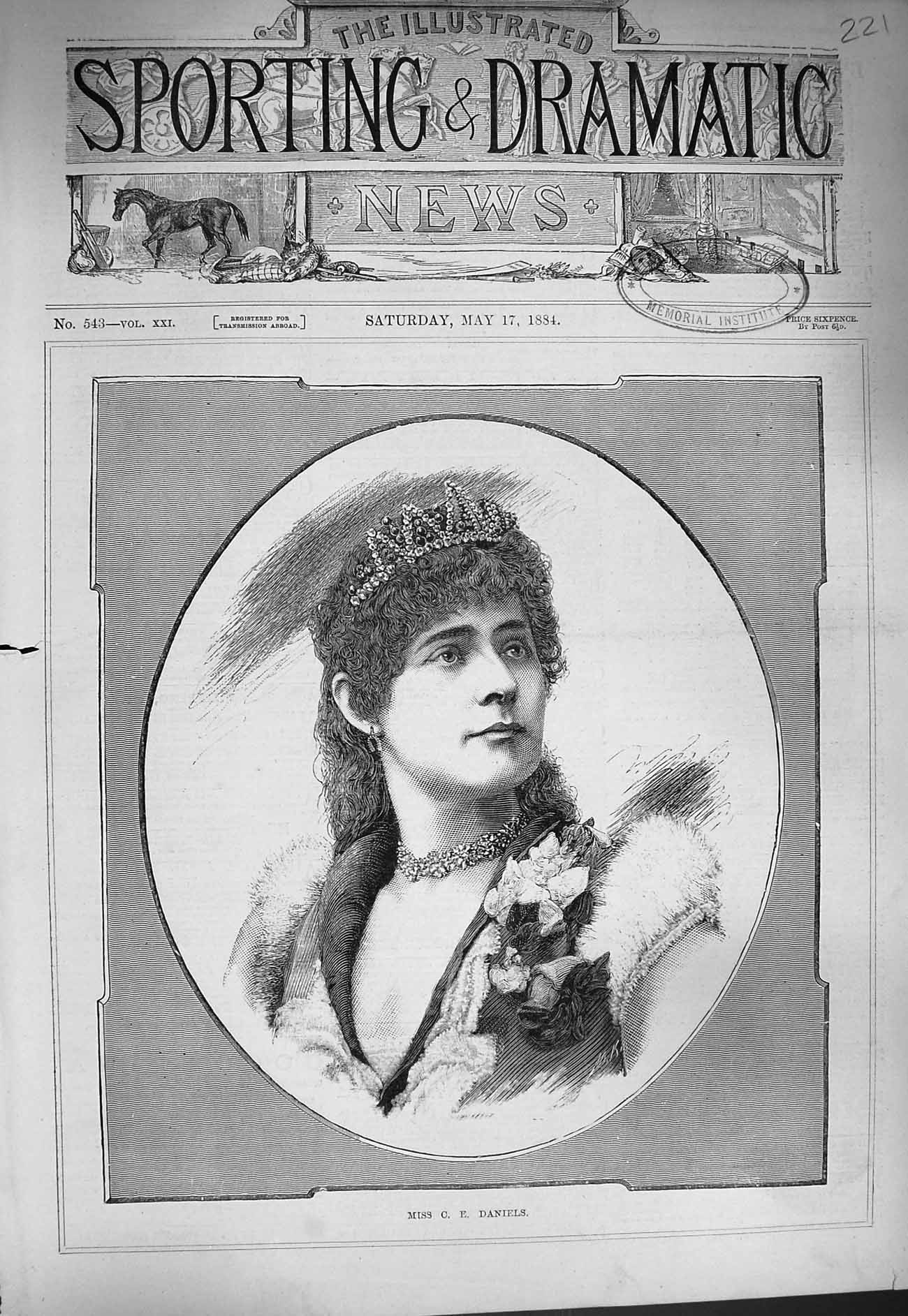 Original Old Antique Print 1884 Portrait Miss Daniels Beautiful Woman Victorian