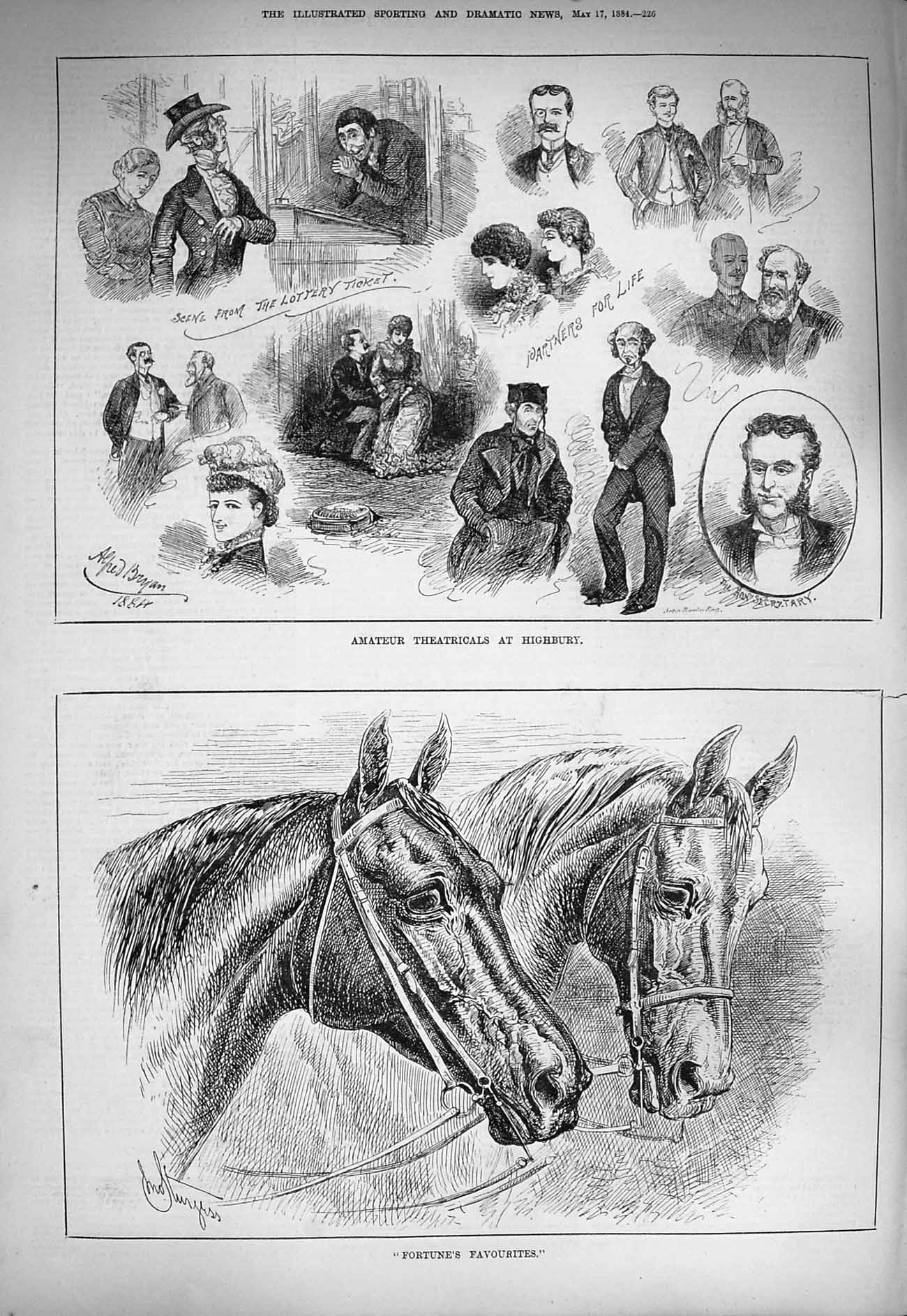 Original Old Antique Print 1884 Theatre Highbury Lottery Ticket Fortune Horse