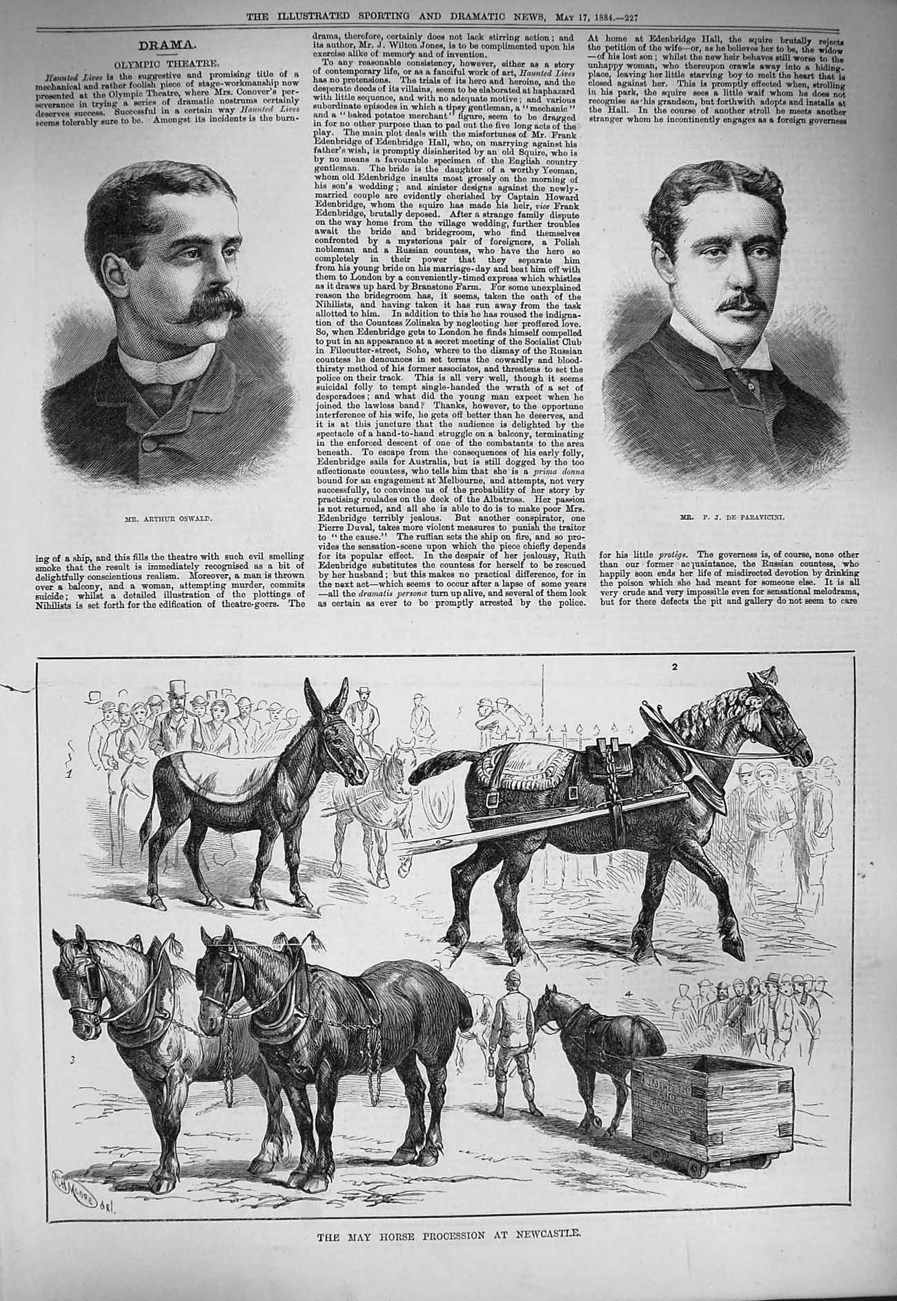 Original Old Antique Print 1884 Arthur Oswald Paravicini May Horse Newcastle