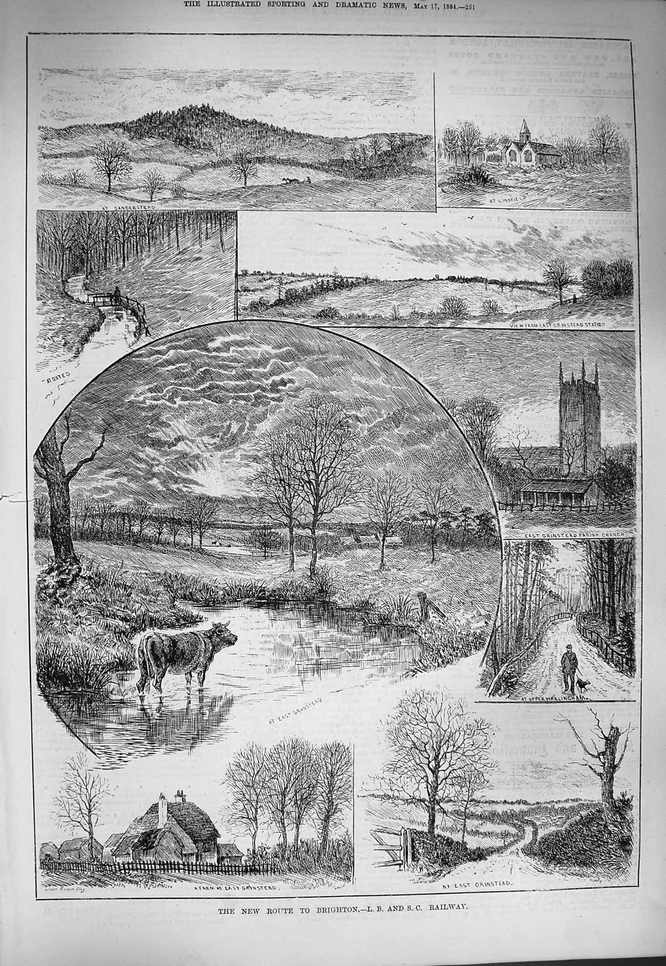 Original Old Antique Print 1884 Brighton East Grinstead Parish Church Lingfield