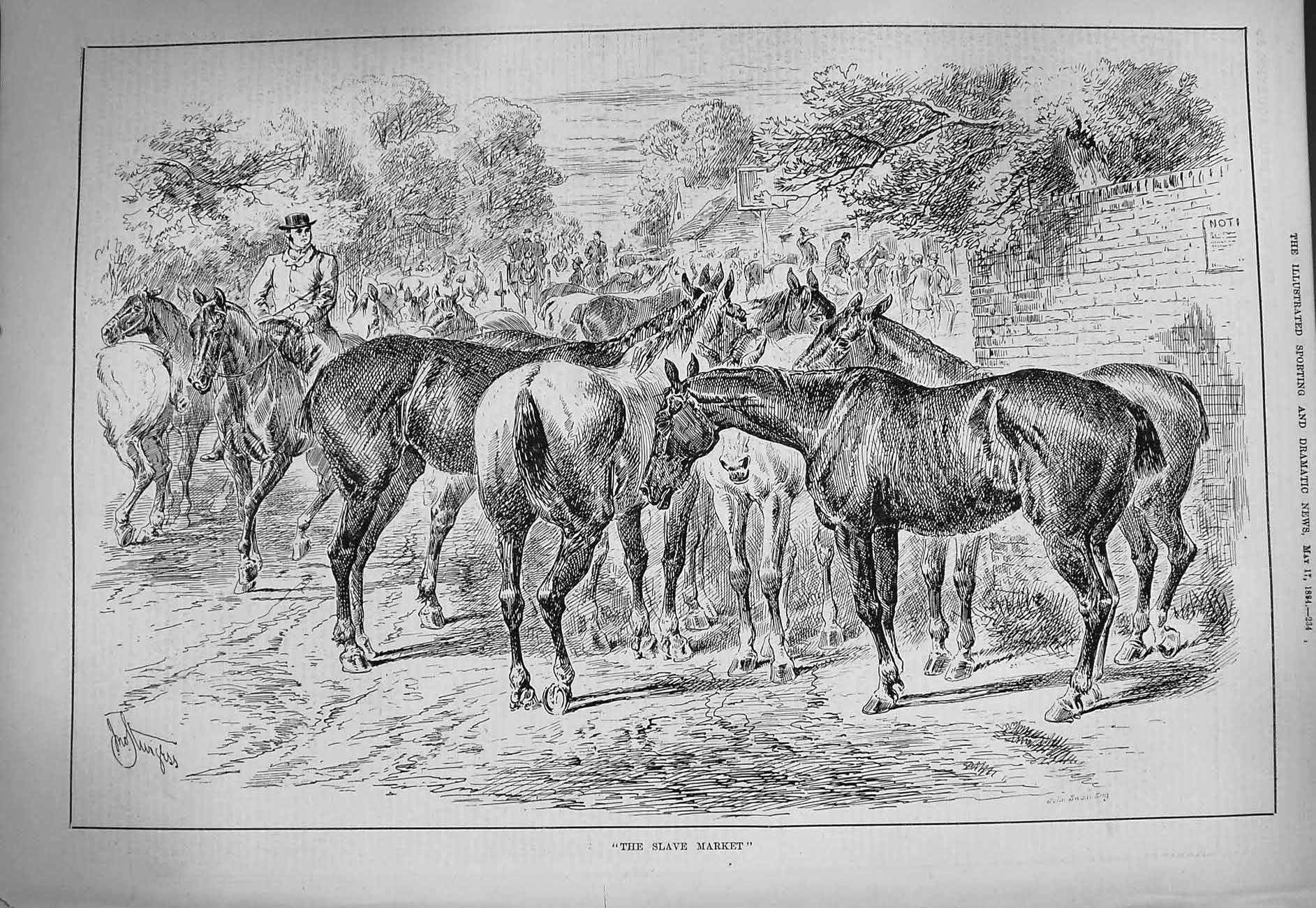Original Old Antique Print 1884 Slave Market Horses Sale Street Scene Victorian