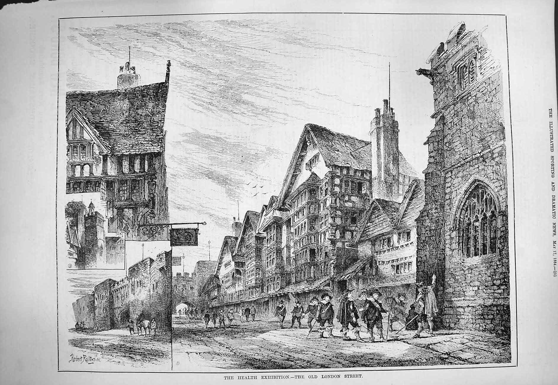 Original Old Antique Print 1884 Health Exhibition London Street Architecture