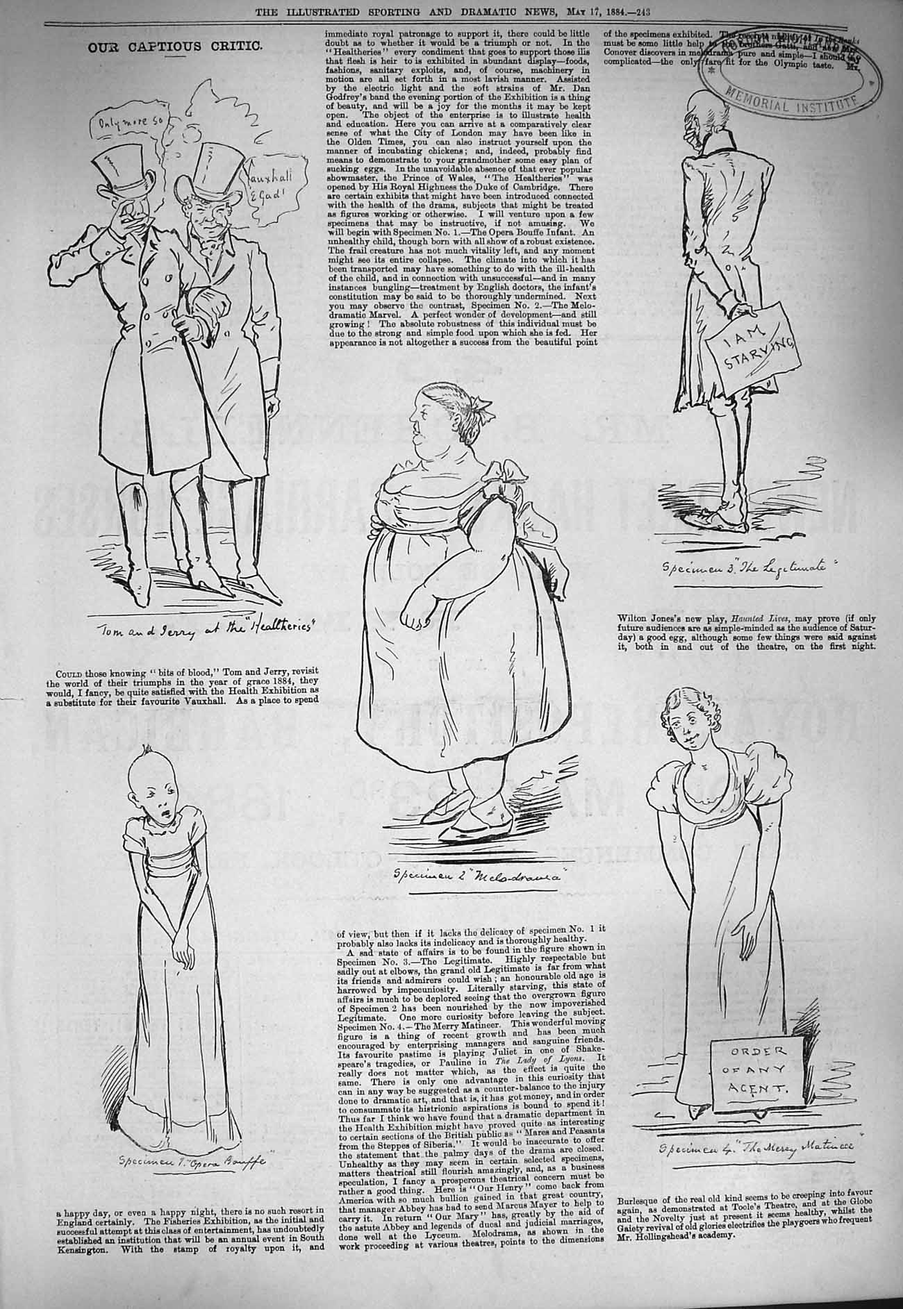 Original Old Antique Print 1884 Captious Critic Theatre Comedy Cartoons 19th
