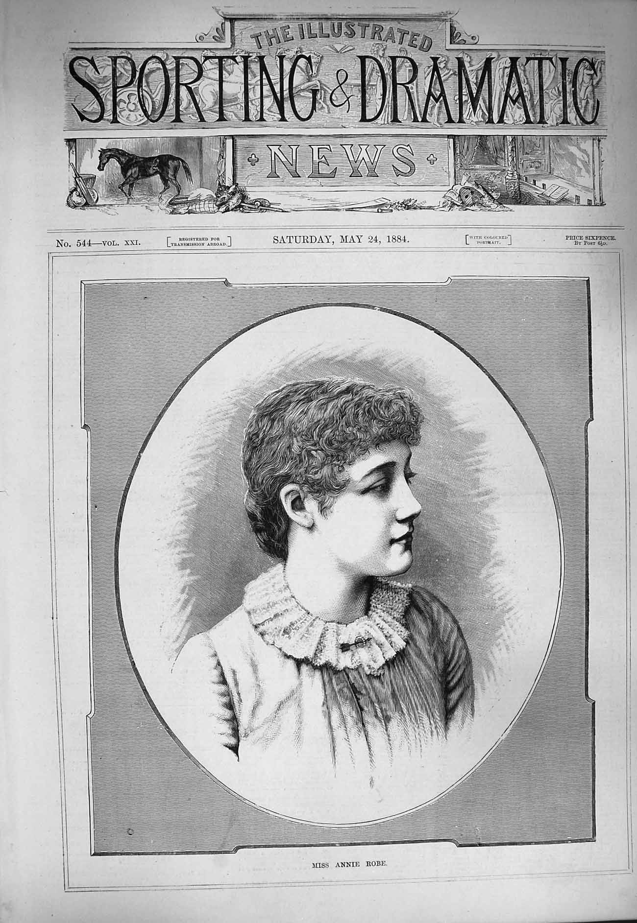 Original Old Antique Print 1884 Portrait Miss Annie Robe Beautiful Lady 19th