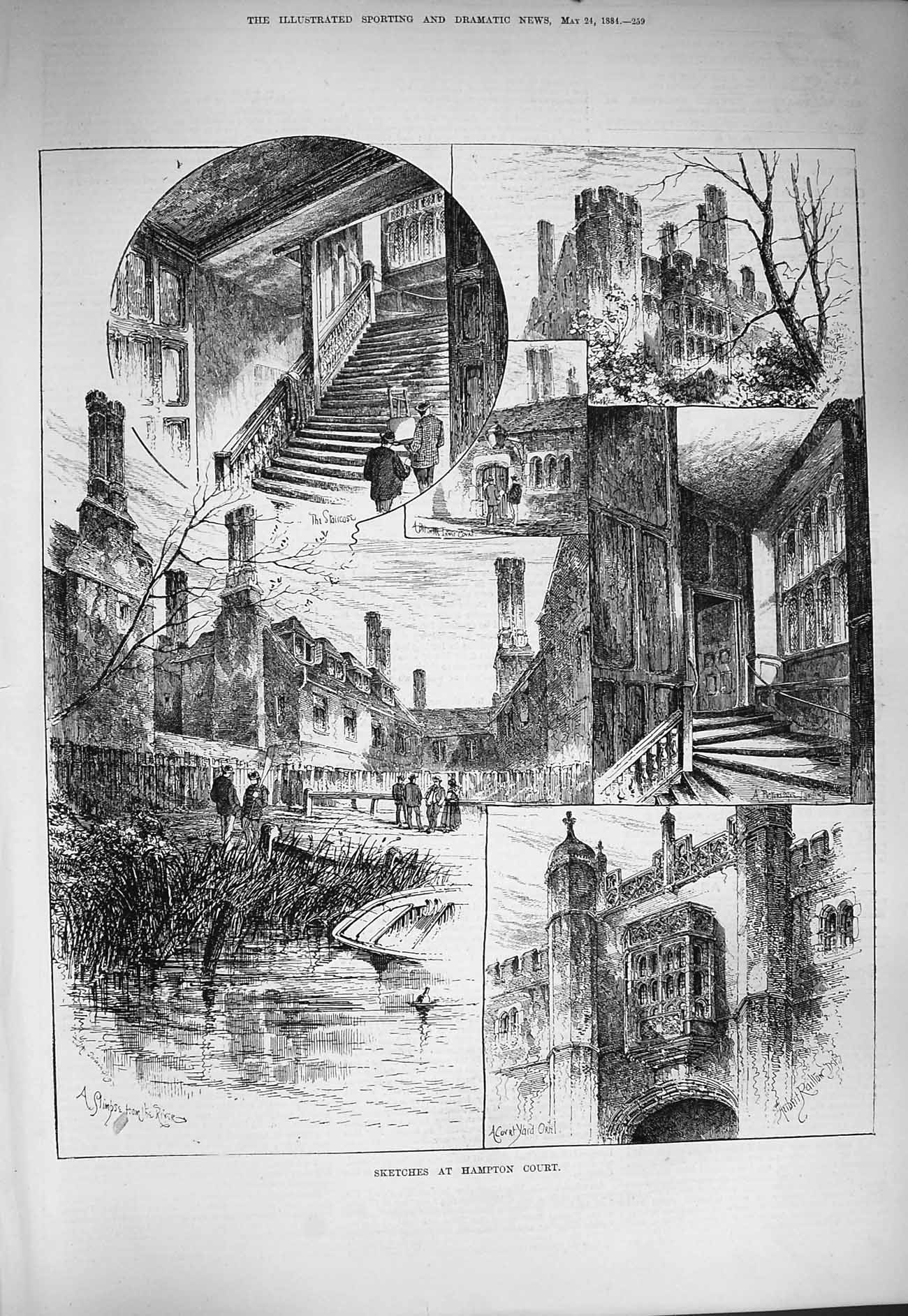 Original Old Antique Print 1884 Hampton Court Palace Architecture Court Yard