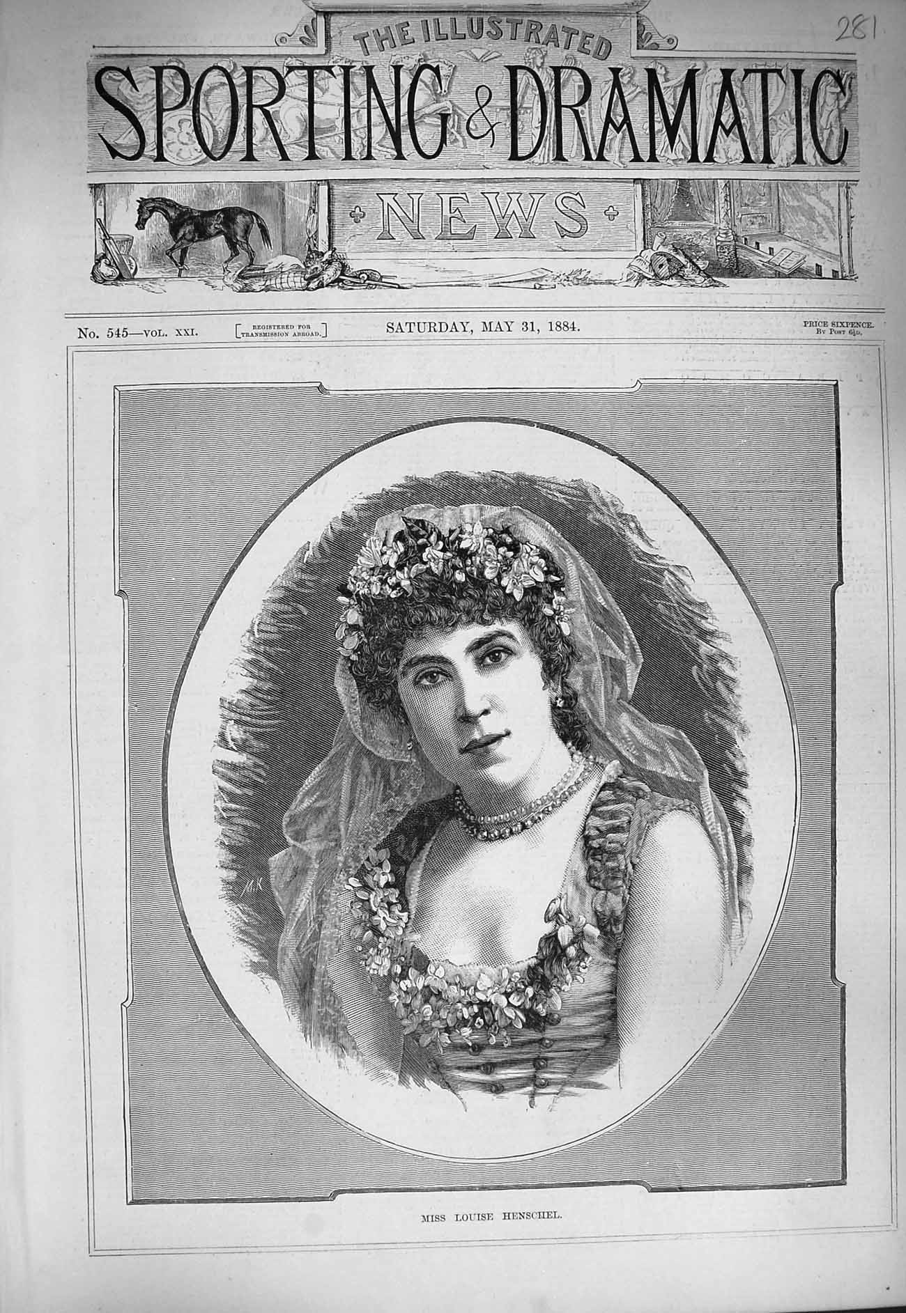 Original Old Antique Print 1884 Portrait Miss Louie Henschel Lady Woman 19th