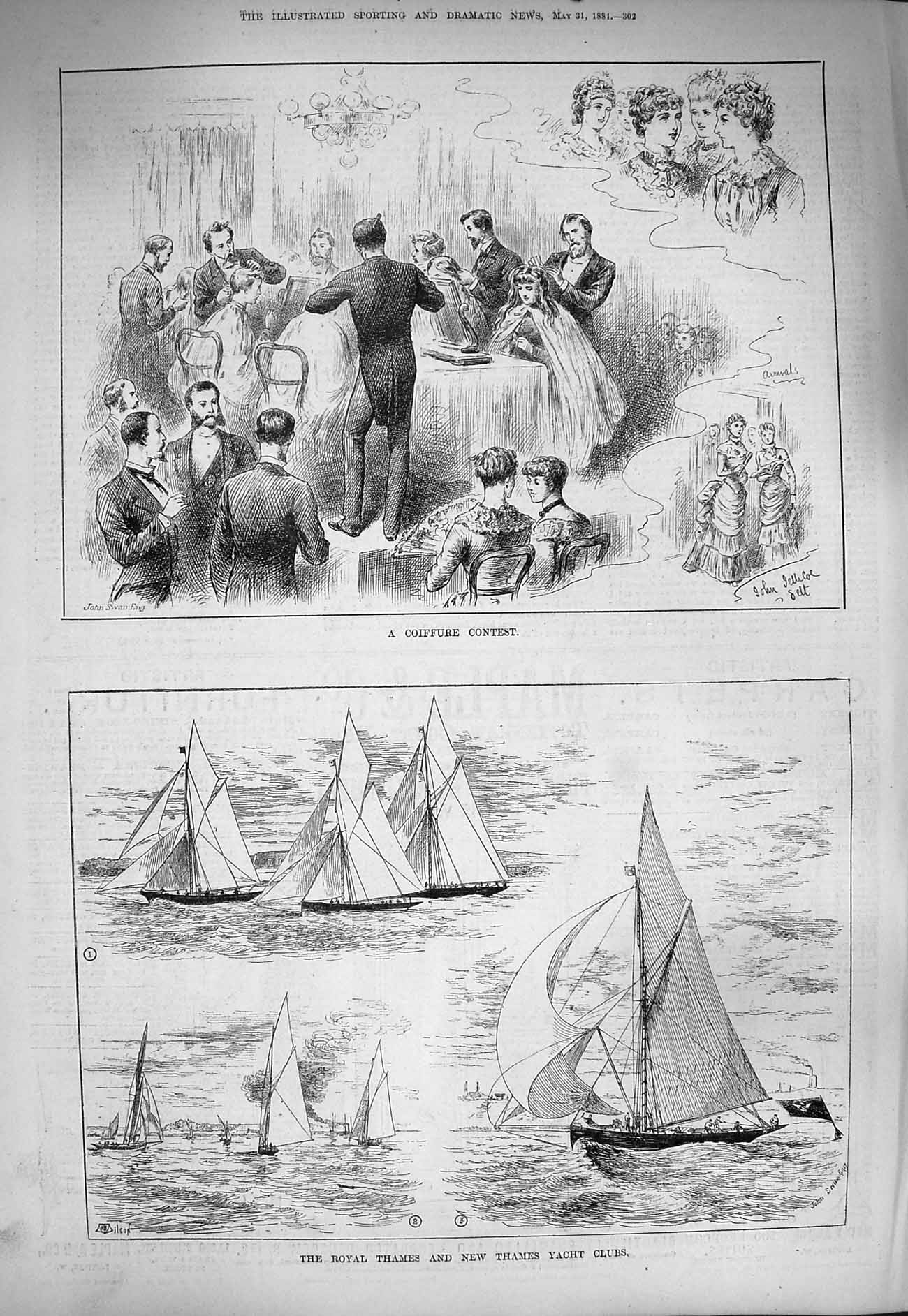 Old Antique Print 1884 Coiffure Contest Royal Thames Yacht Club Sailing 19th