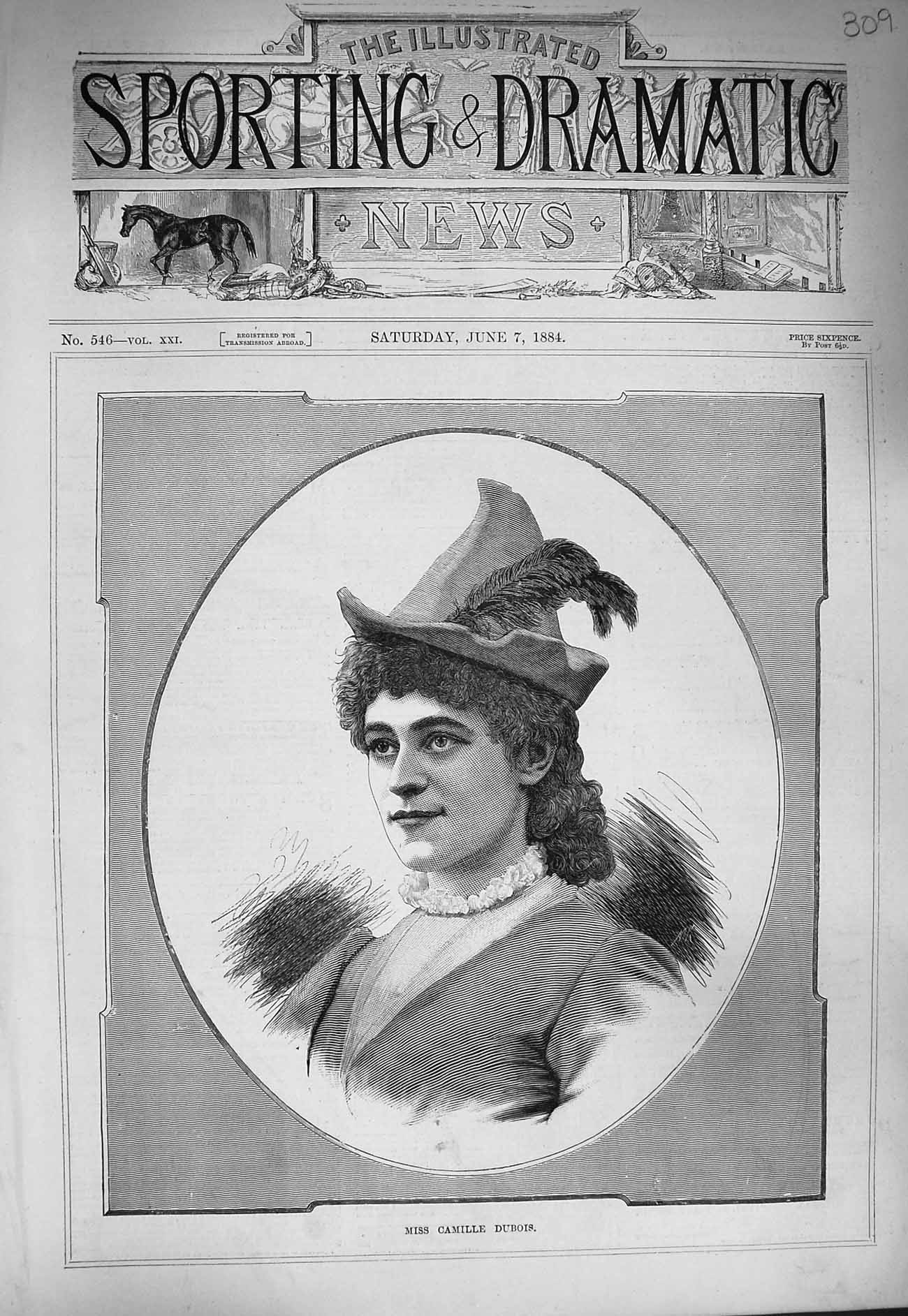 Original Old Antique Print 1884 Portrait Miss Camille Dubois Lady Woman 19th