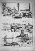 Original Old Antique Print 1884 East Anglia Benedicts Abbey Boats Acle Bridge