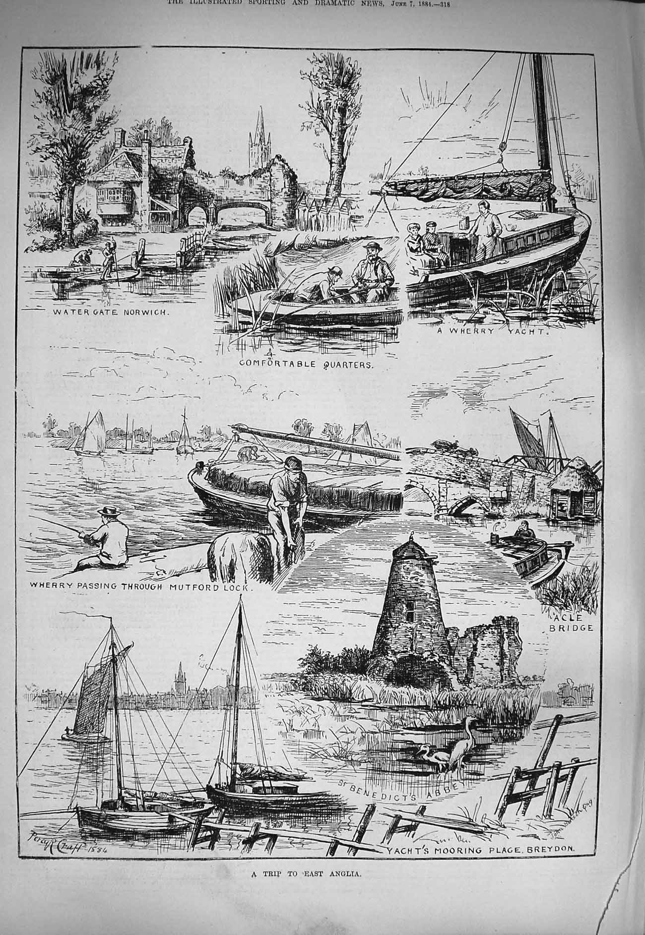 Original Old Antique Print 1884 East Anglia Benedicts Abbey Boats Acle Bridge