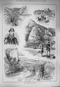 Old Antique Print 1884 Trout Fishing Dovedale Wnglers Ilam Stone Walton 19th