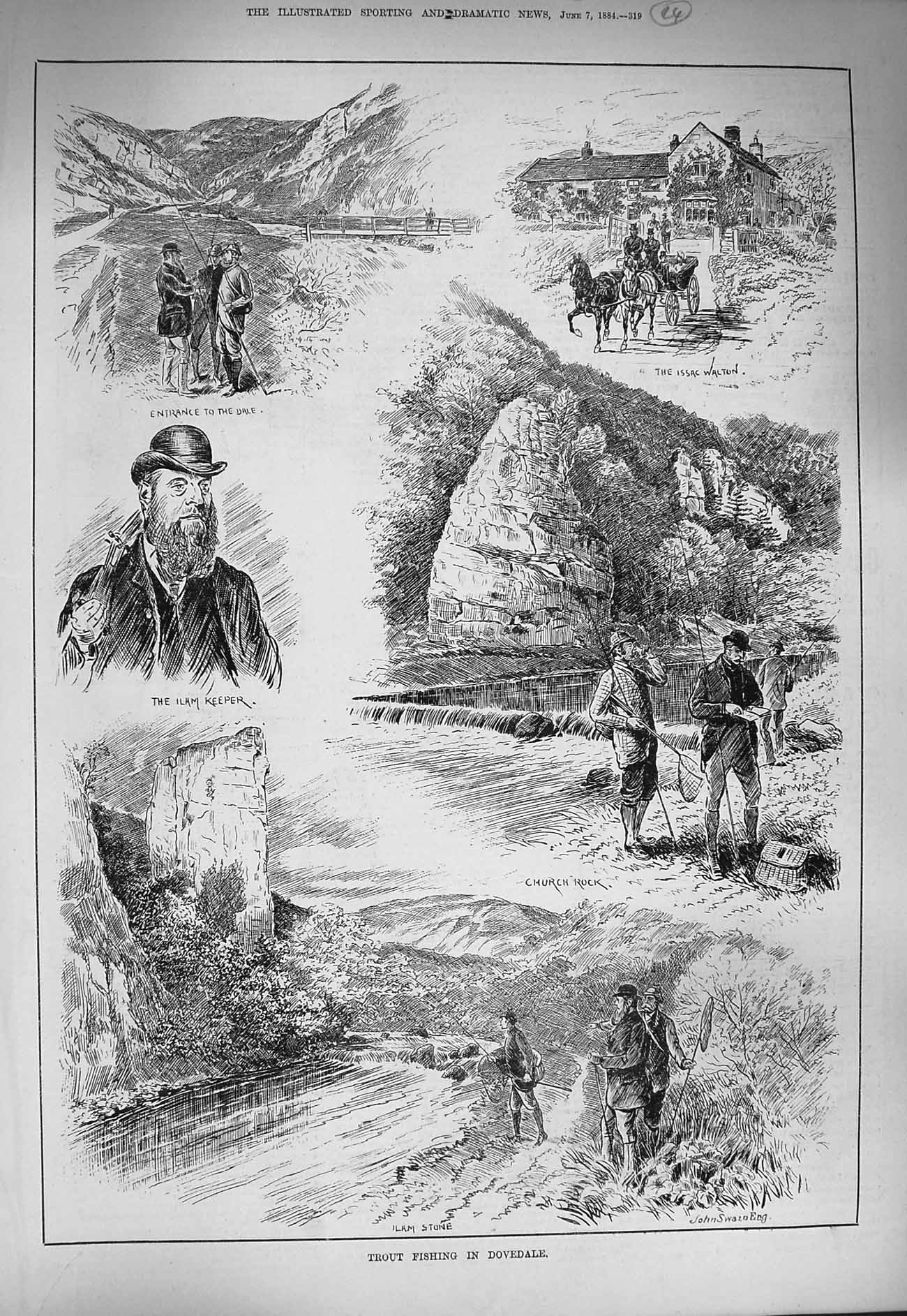 Old Antique Print 1884 Trout Fishing Dovedale Wnglers Ilam Stone Walton 19th