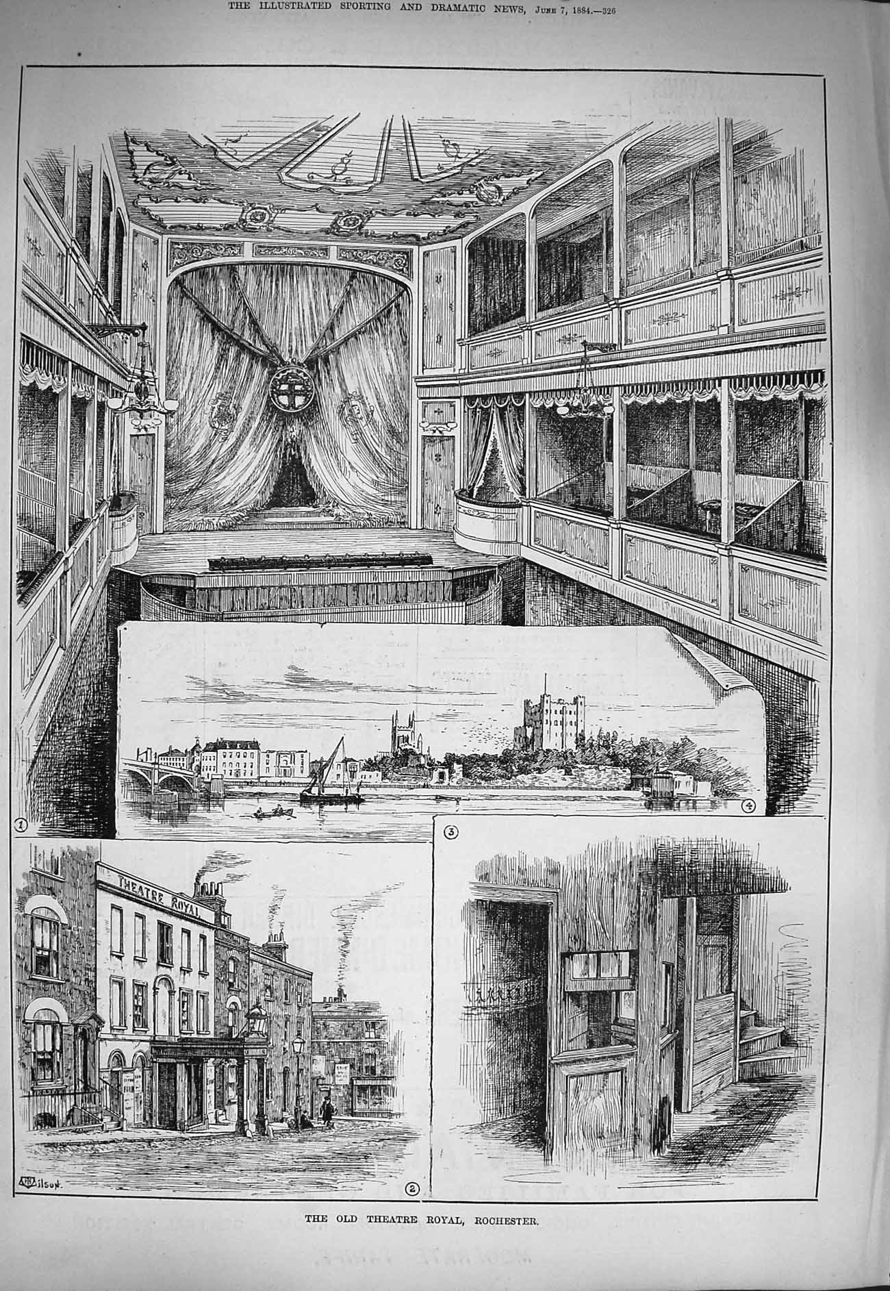 Original Old Antique Print 1884 Theatre Royal Rochester Architecture Victorian