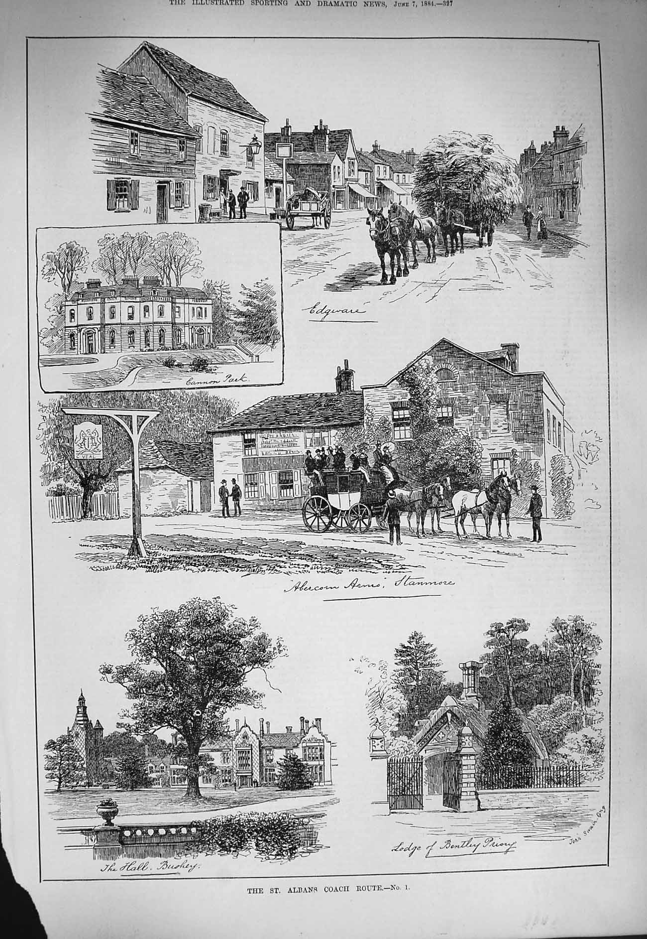 Original Old Antique Print 1884 St. Albans Coach Hall Bushey Egware Abercorn