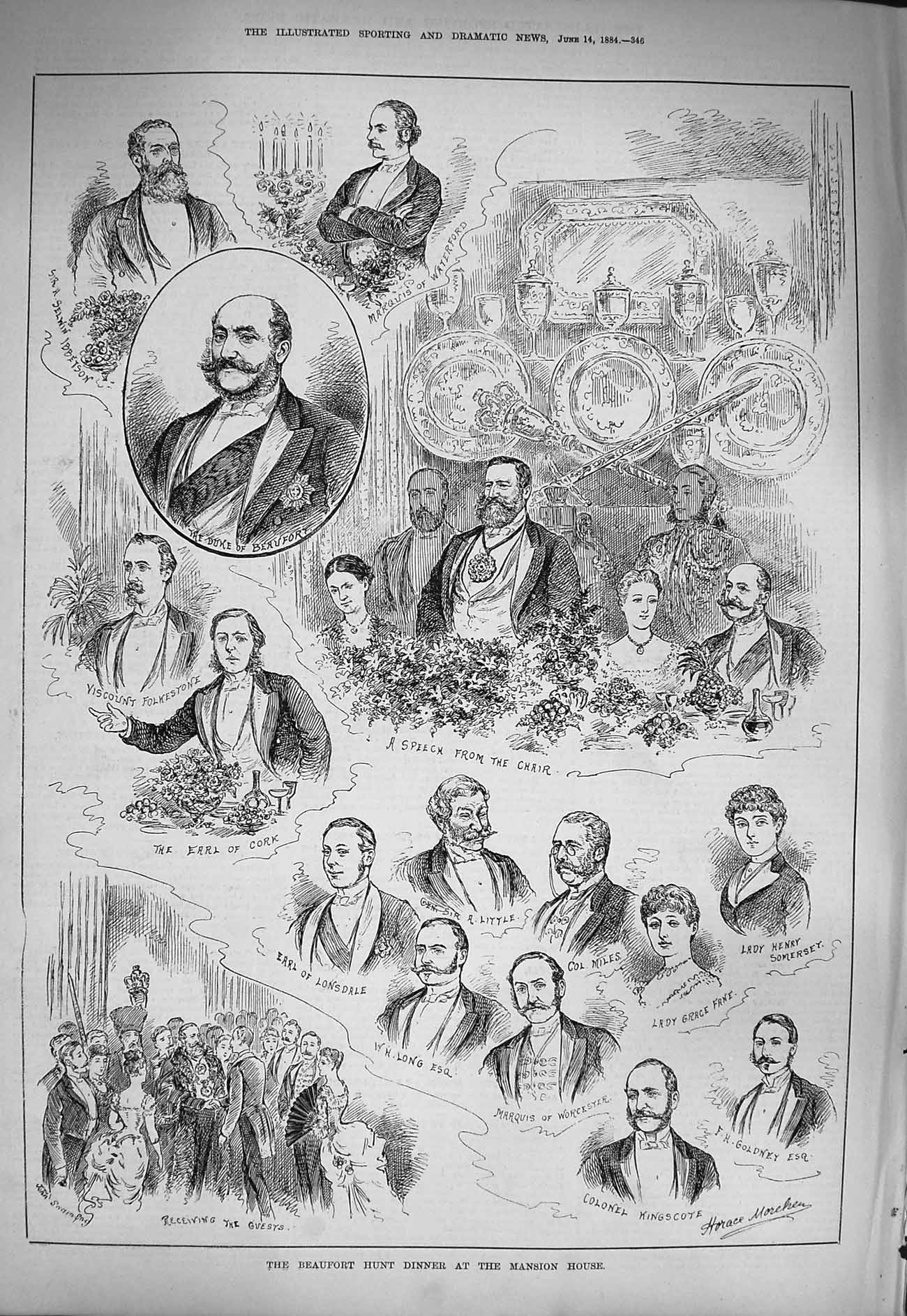 Original Old Antique Print 1884 Beaufort Hunt Dinner Mansion House Gney Long
