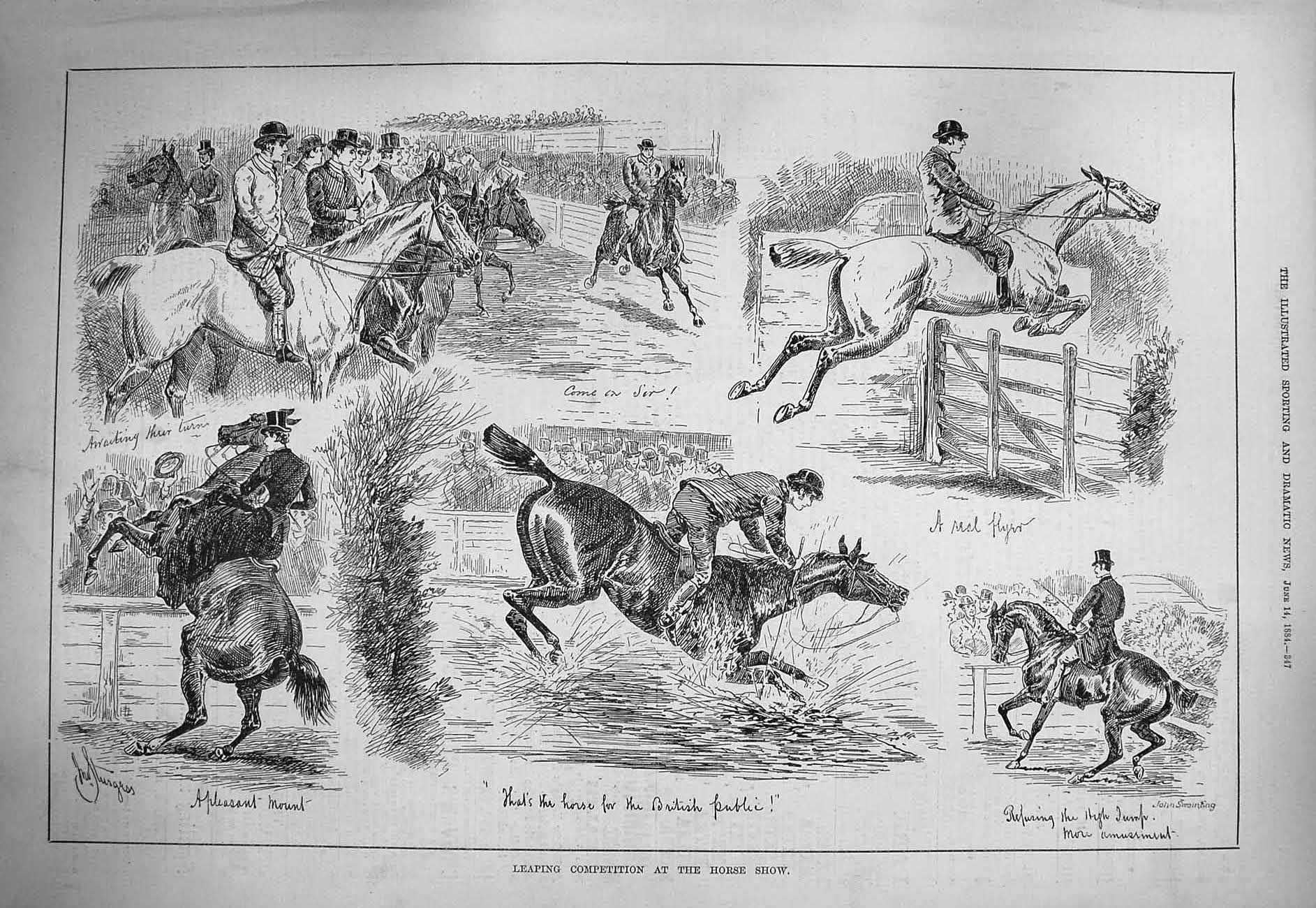 Original Old Antique Print 1884 Horse Show Leaping Competition Sport Jumping