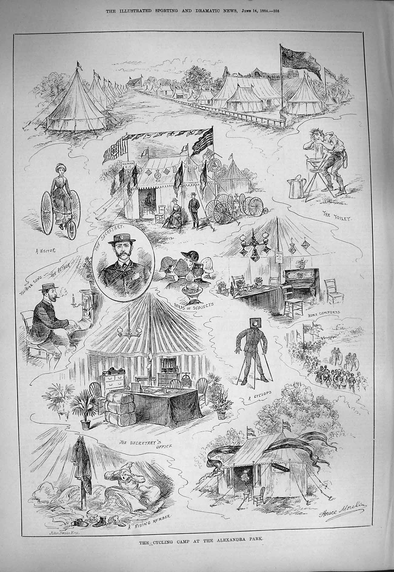 Original Old Antique Print 1884 Cycling Camp Alexandra Park Siers Secretary