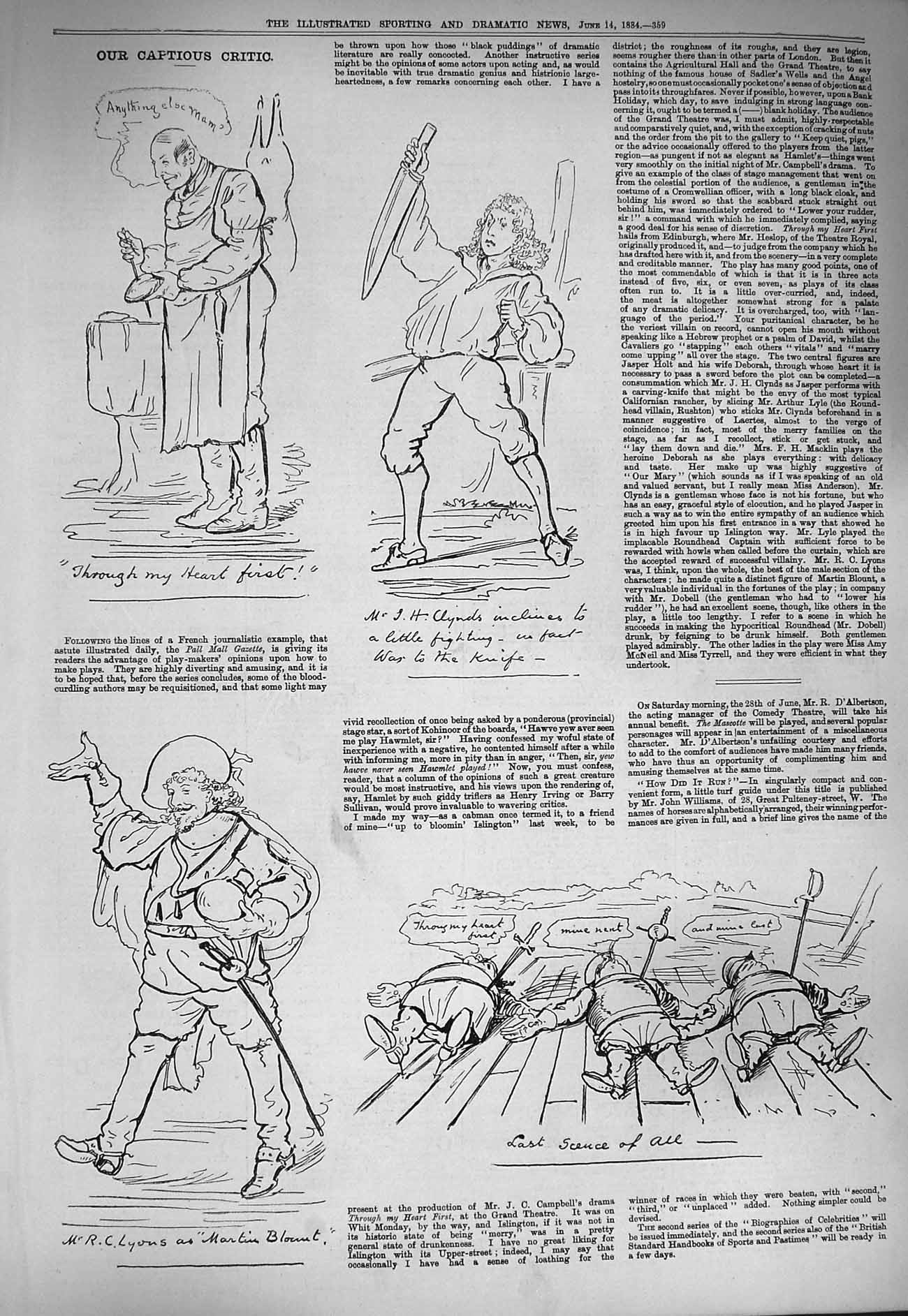 Original Old Antique Print 1884 Captious Critic Theatre Actors Lyons Martin