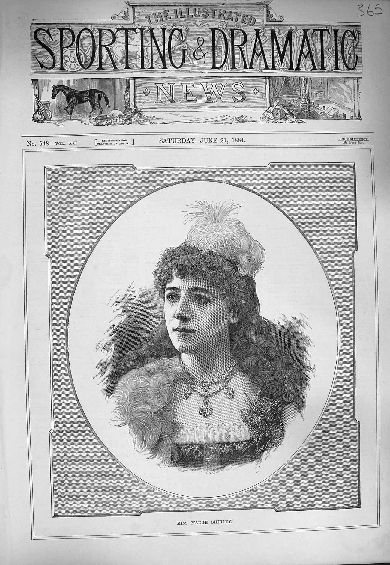 Original Old Antique Print 1884 Portrait Miss Madge Shirley Lady Woman 19th