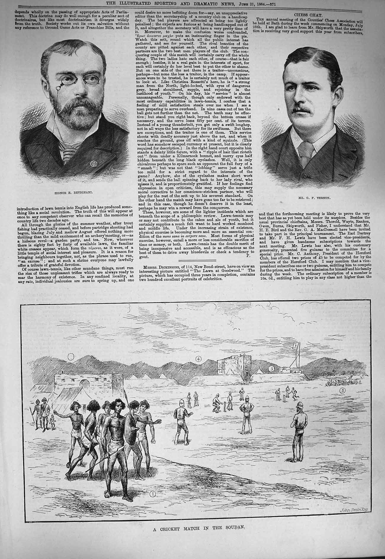 Original Old Antique Print 1884 Vernon Signor Revignani Cricket Sport Soudan