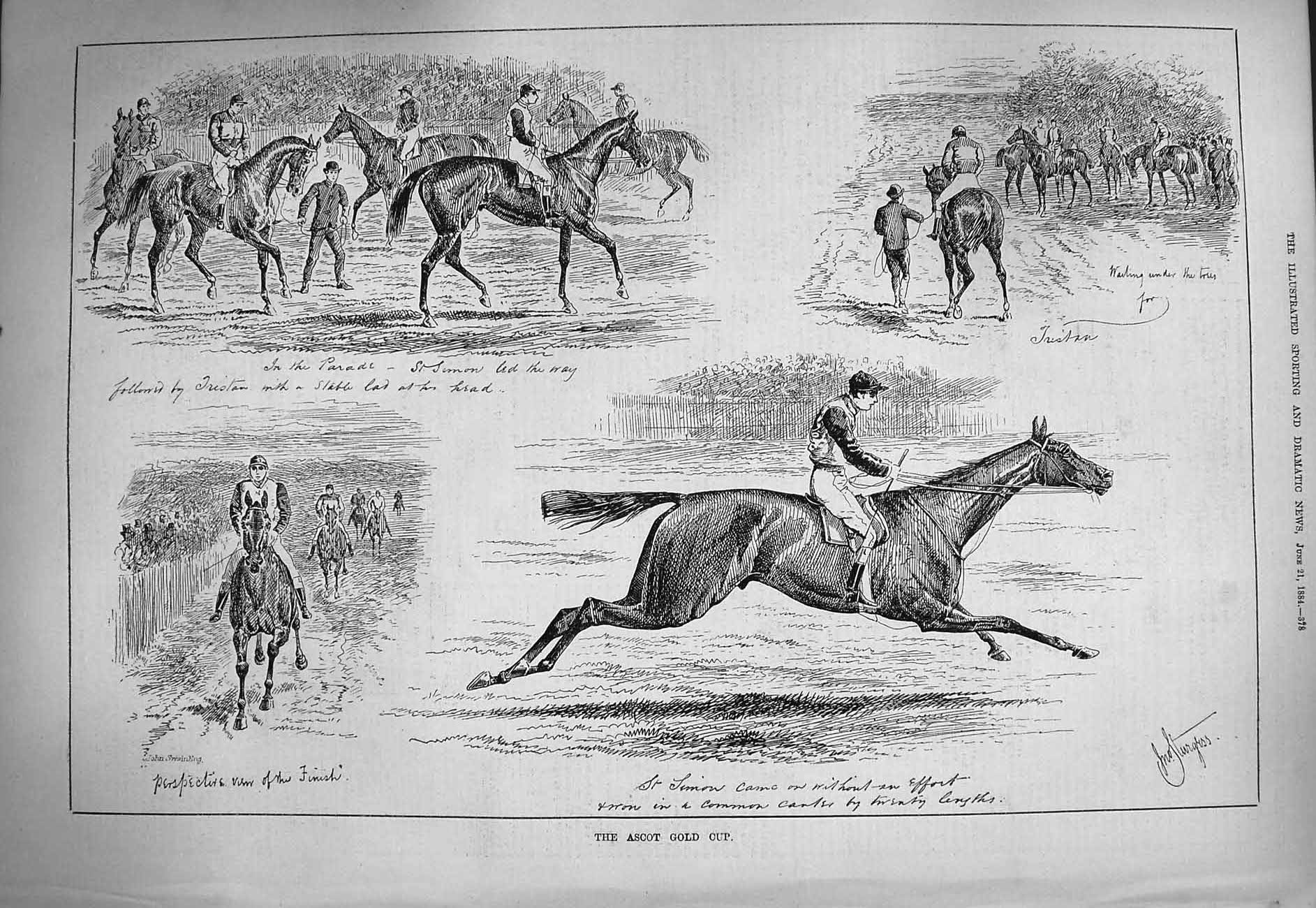 Original Old Antique Print 1884 Ascot GCup Horse Racing Simon Sport Jockeys