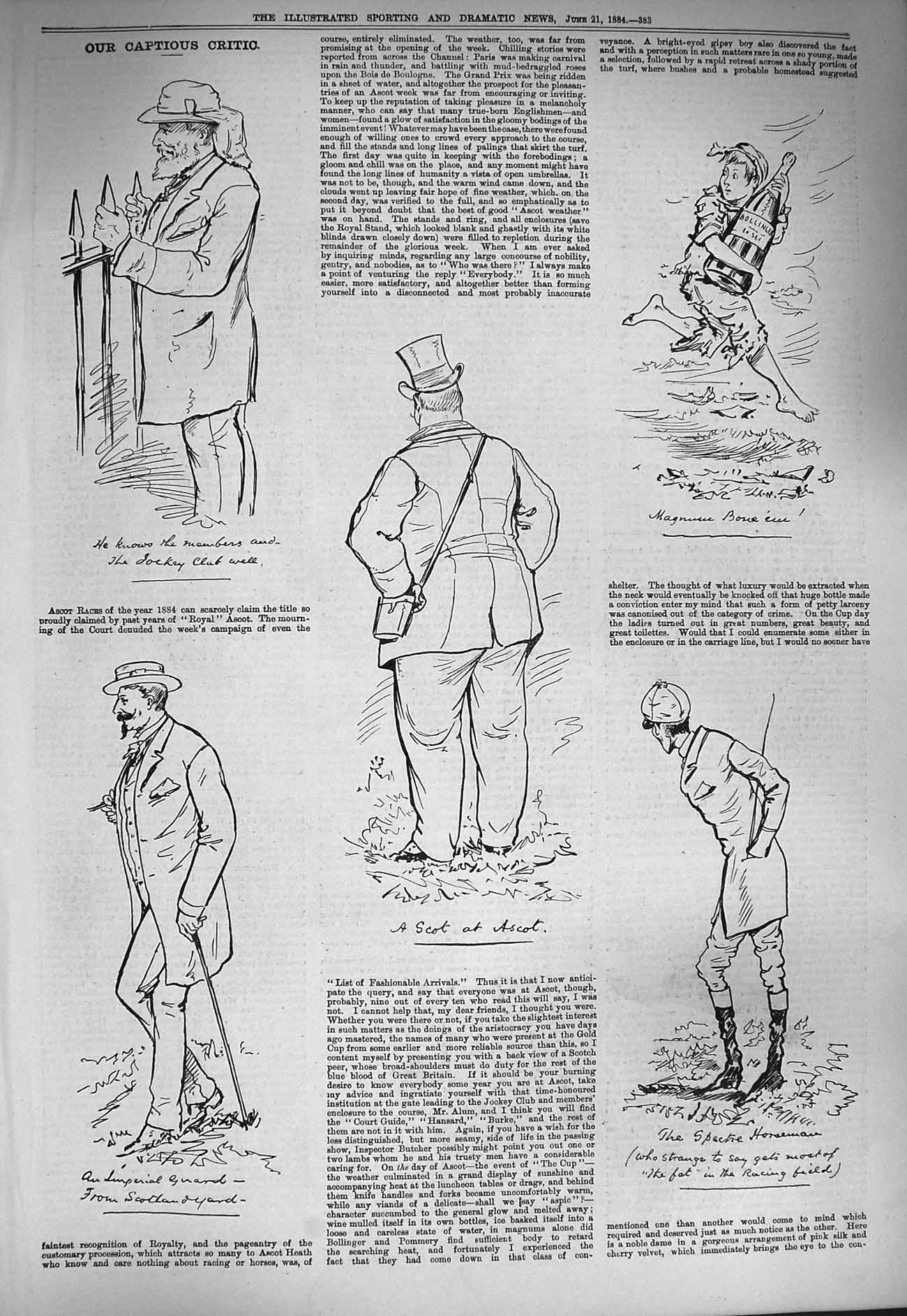 Original Old Antique Print 1884 Captious Critic Ascot Jockey Club Members Sport