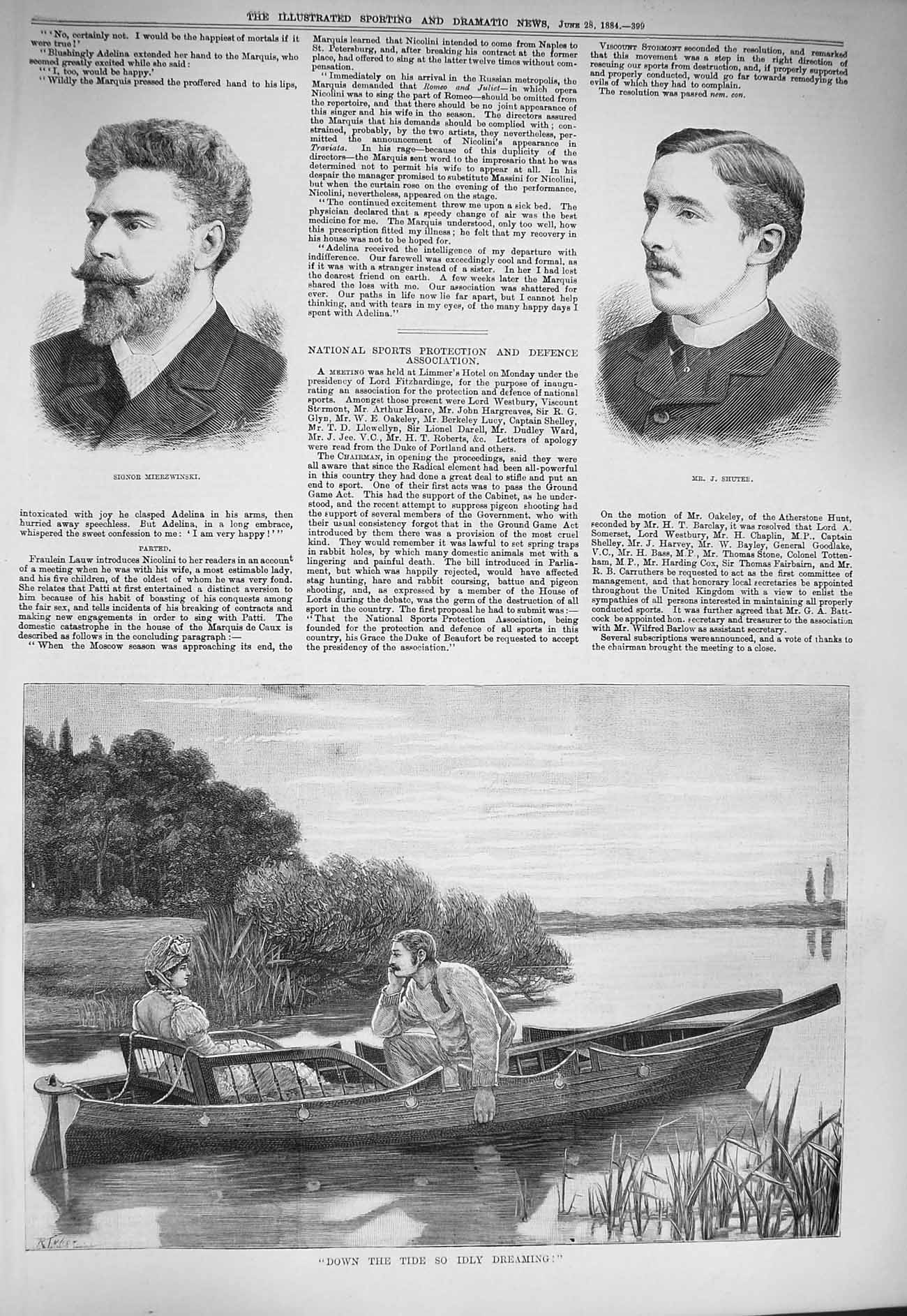 Original Old Antique Print 1884 Signor Mierzwinski Shutee River Boat Romance
