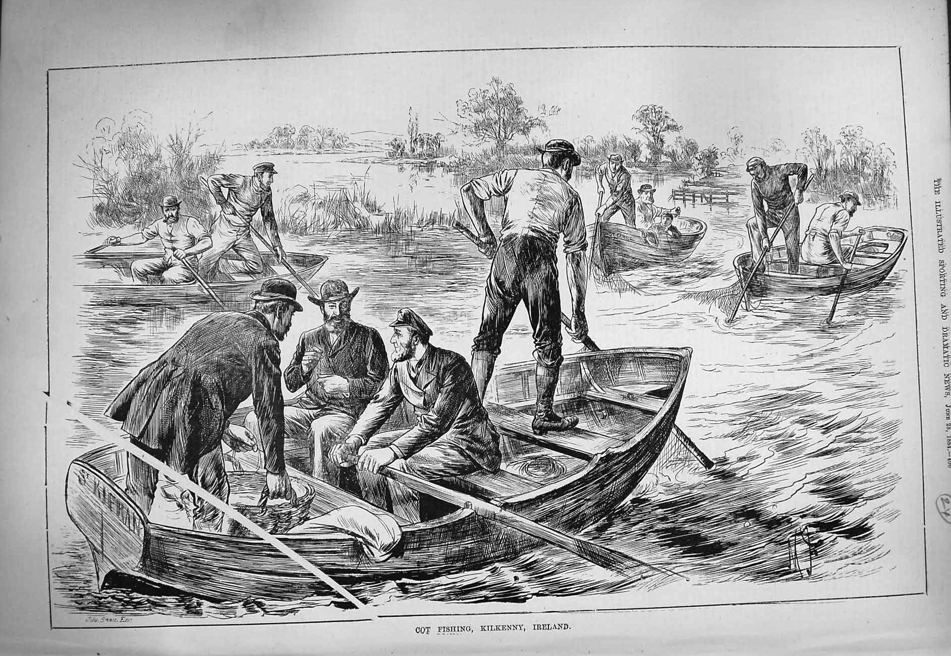 Original Old Antique Print 1884 Cot Fishing Kilkenny Ireland Boats Basket River