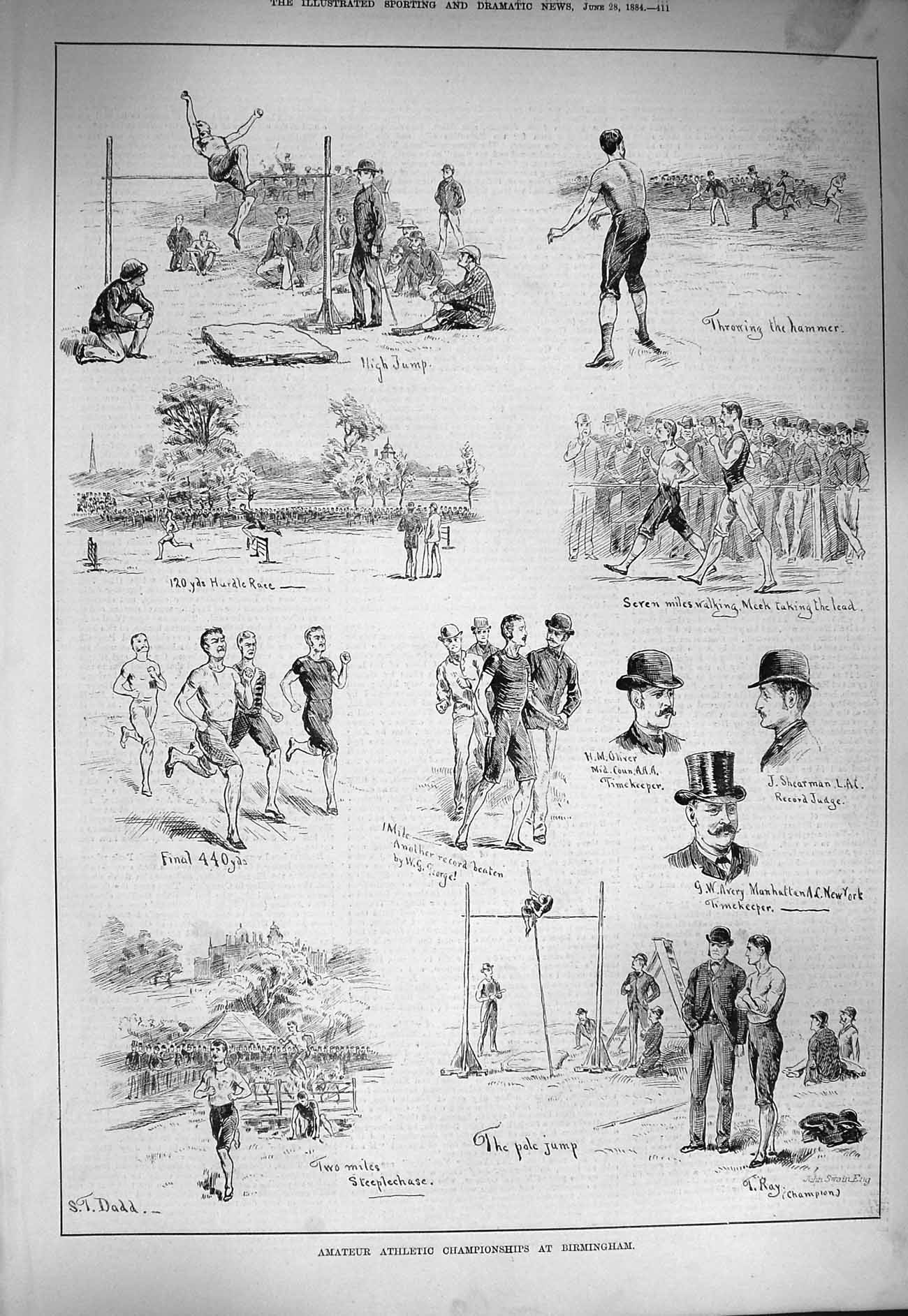 Old Antique Print 1884 Athletic Birmingham High Jump Steeplechase Oliver 19th