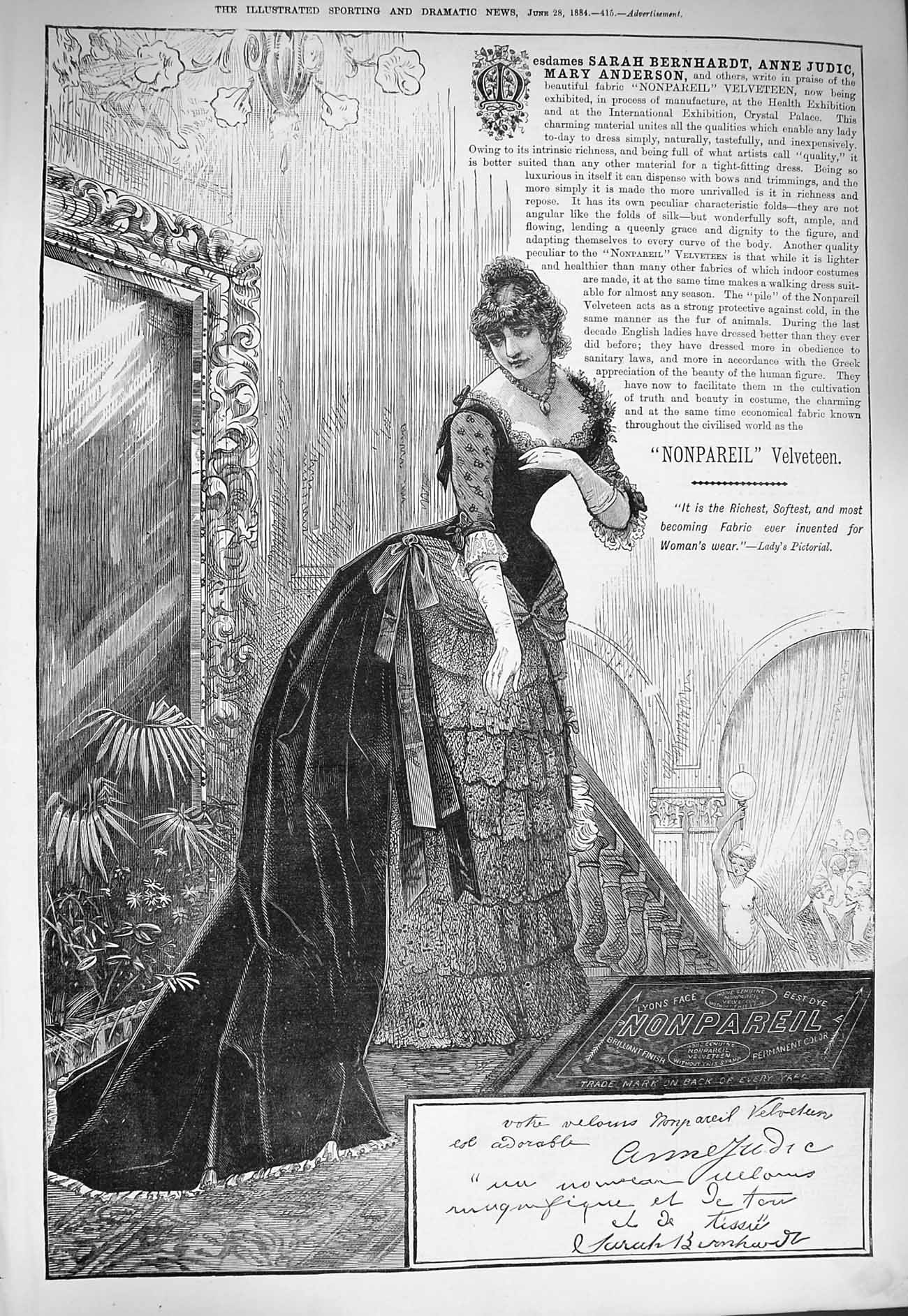 Old Antique Print 1884 Advertisement Nonpareil Velveteen Bernhardt Judic 19th