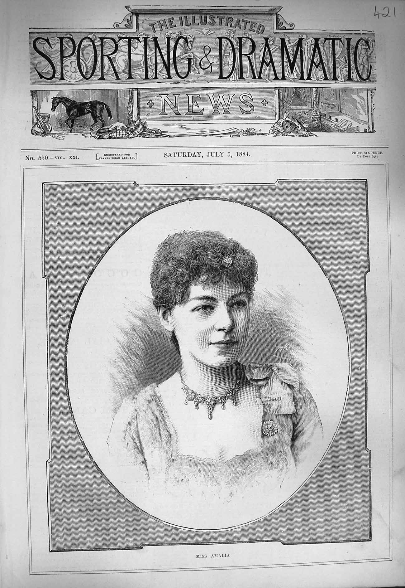 Original Old Antique Print 1884 Portrait Miss Amalia Beautiful Woman Victorian