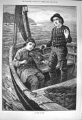 Original Old Antique Print 1884 Song At Sea Young Boy Man Fishing Boat Fine Art