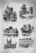 Original Old Antique Print 1884 Round Tower Windsor Norman Magna-Charta Eton