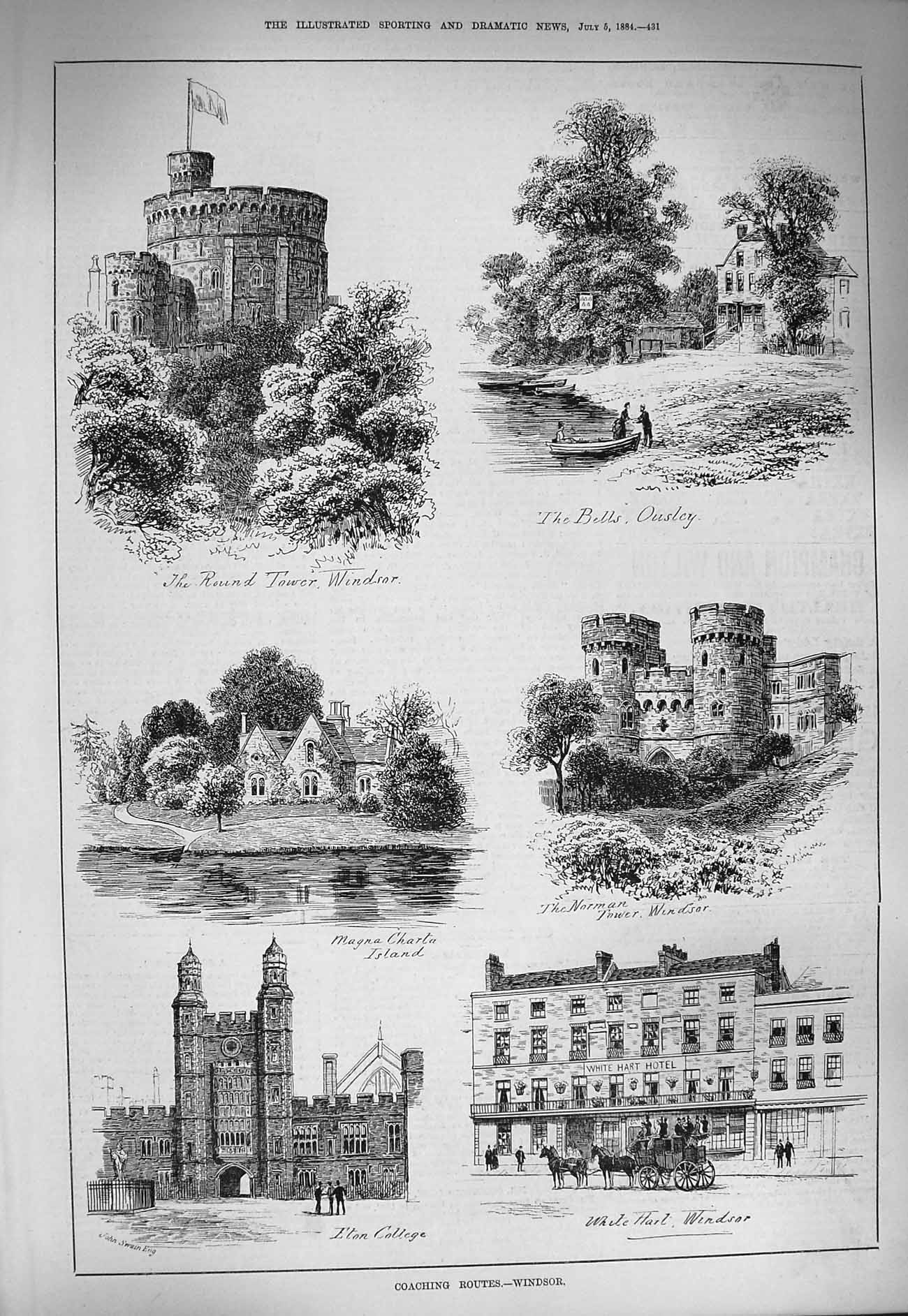 Original Old Antique Print 1884 Round Tower Windsor Norman Magna-Charta Eton