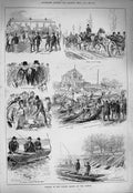 Original Old Antique Print 1884 Fishing River Thames Ferry Senioe Boats Anglers