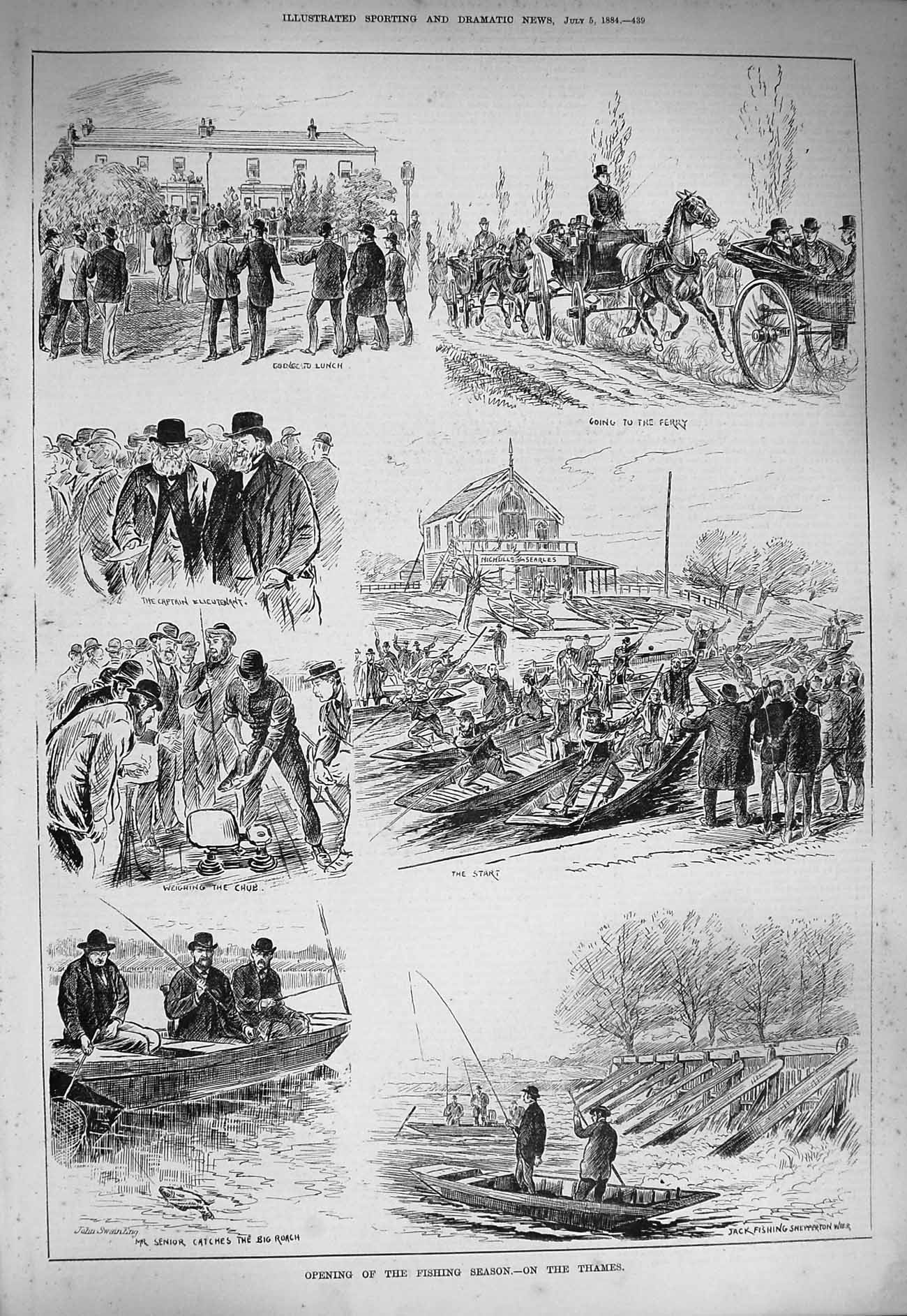 Original Old Antique Print 1884 Fishing River Thames Ferry Senioe Boats Anglers
