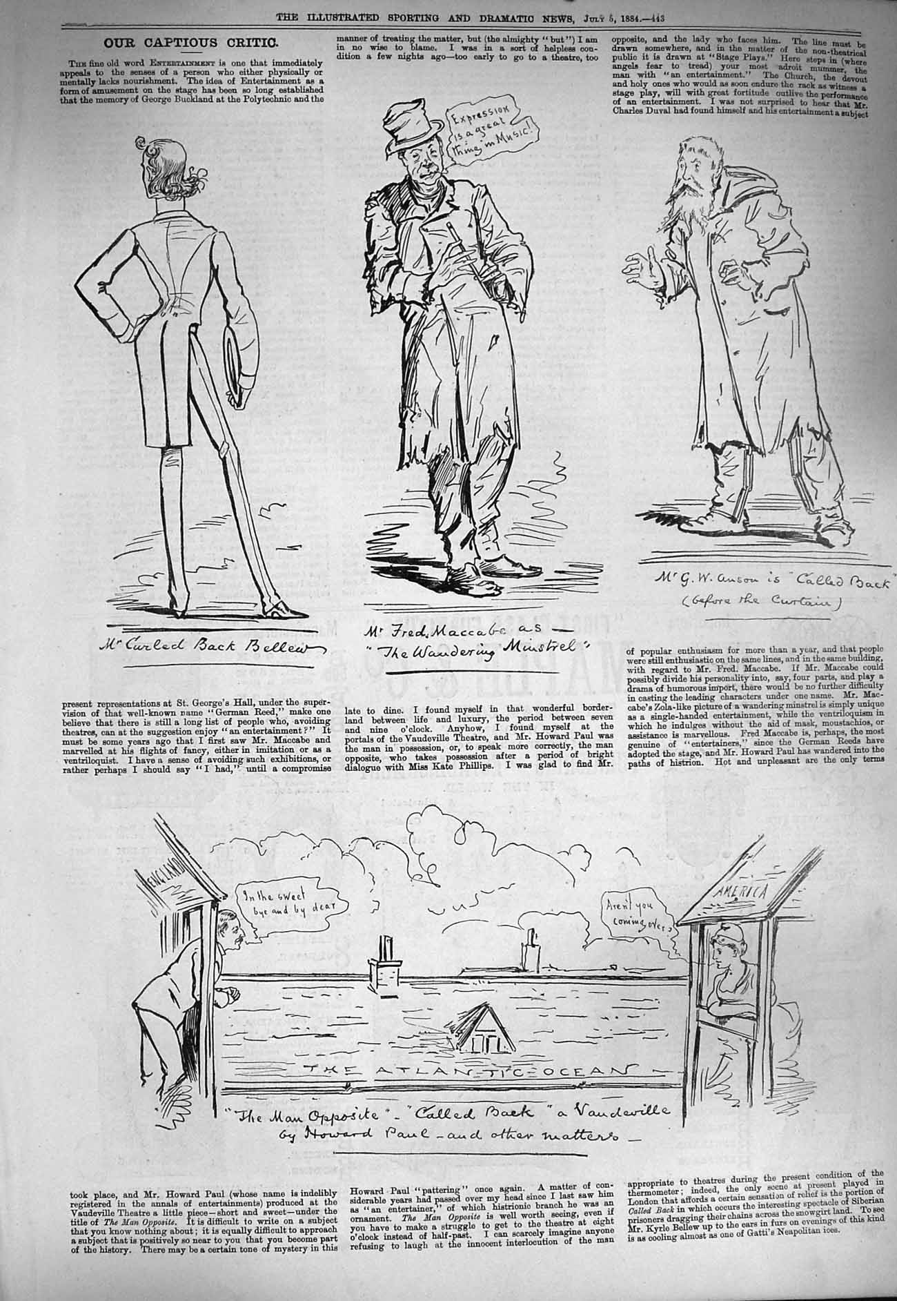Old Antique Print 1884 Captiou Critic Theatre Actors Vaudeville Minstrel 19th