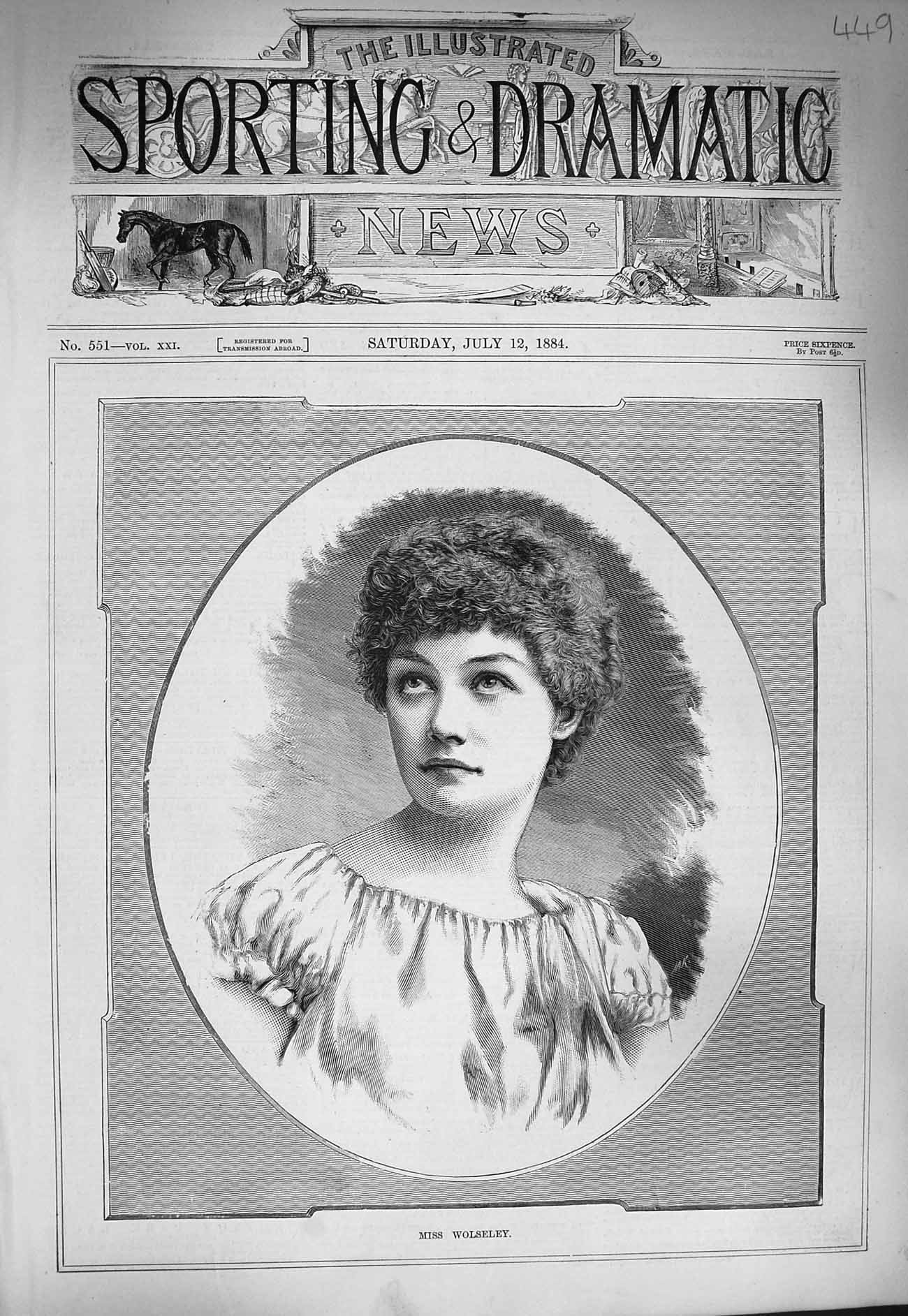 Original Old Antique Print 1884 Portrait Miss Wolseley Beautiful Woman 19th