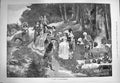 Original Old Antique Print 1884 Picnic Fontainebleau Romance Trees Countryside