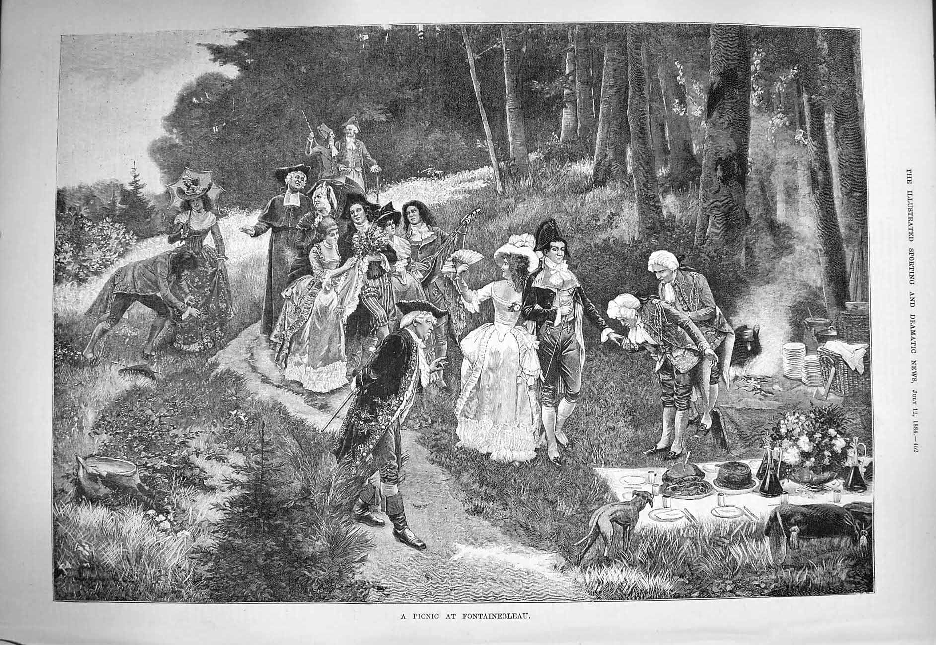 Original Old Antique Print 1884 Picnic Fontainebleau Romance Trees Countryside