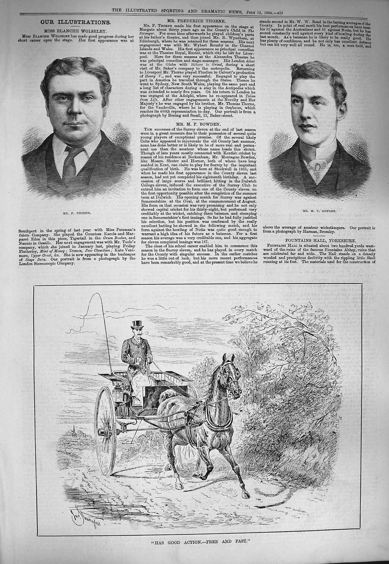 Original Old Antique Print 1884 Frederick Thorne Montague Bowden Horse Carriage