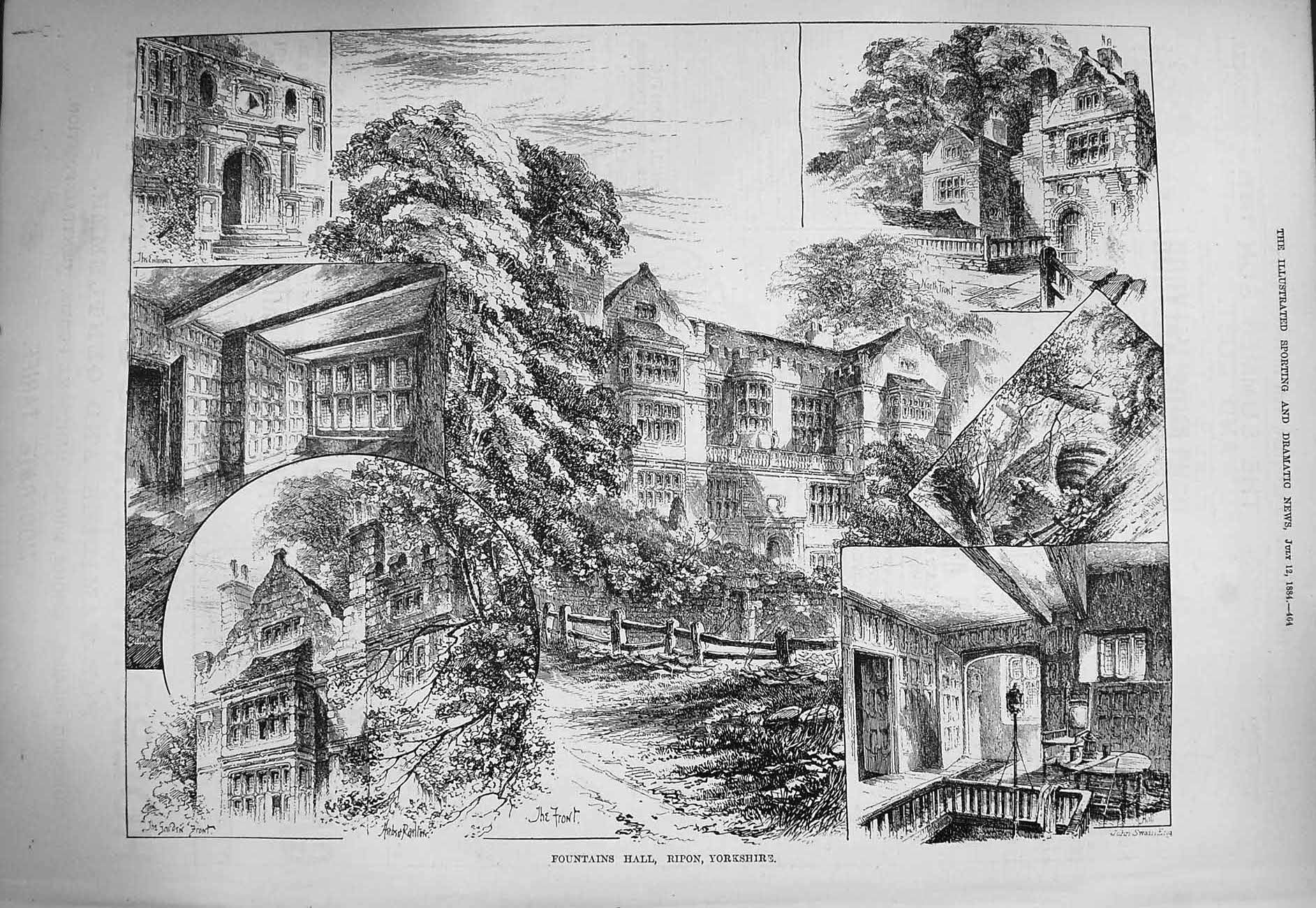 Original Old Antique Print 1884 Fountains Hall Ripon Yorkshire Architecture
